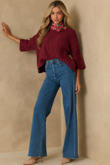 From The Start Burgundy Cable Knit Cotton Crew Neck Sweater