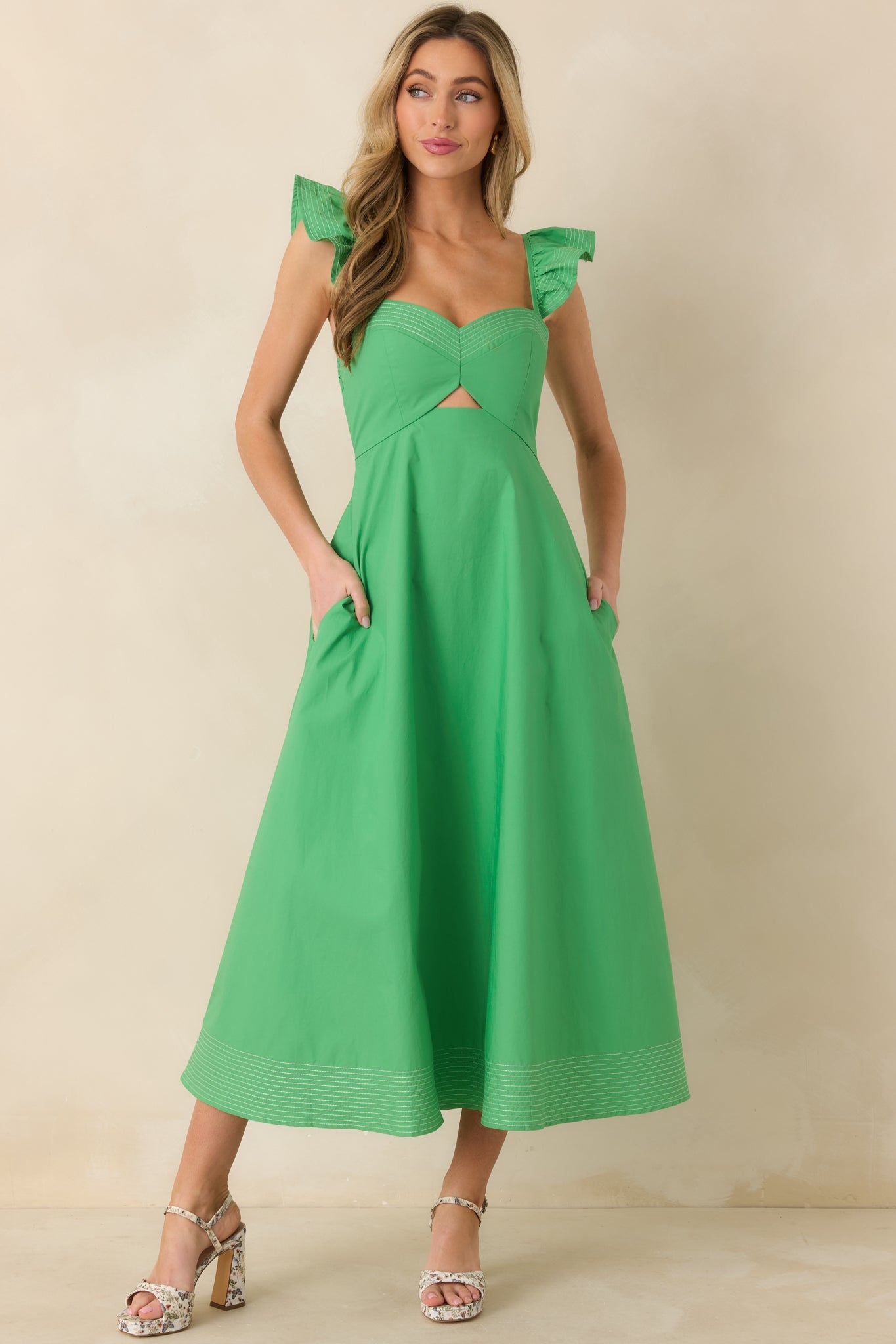 The Turning Point Green Cotton Cut Out Detail Flutter Sleeve Midi Dress