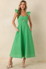 The Turning Point Green Cotton Cut Out Detail Flutter Sleeve Midi Dress