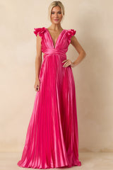 Let's Dance Hot Pink Pleated Satin Lace Back Maxi Dress