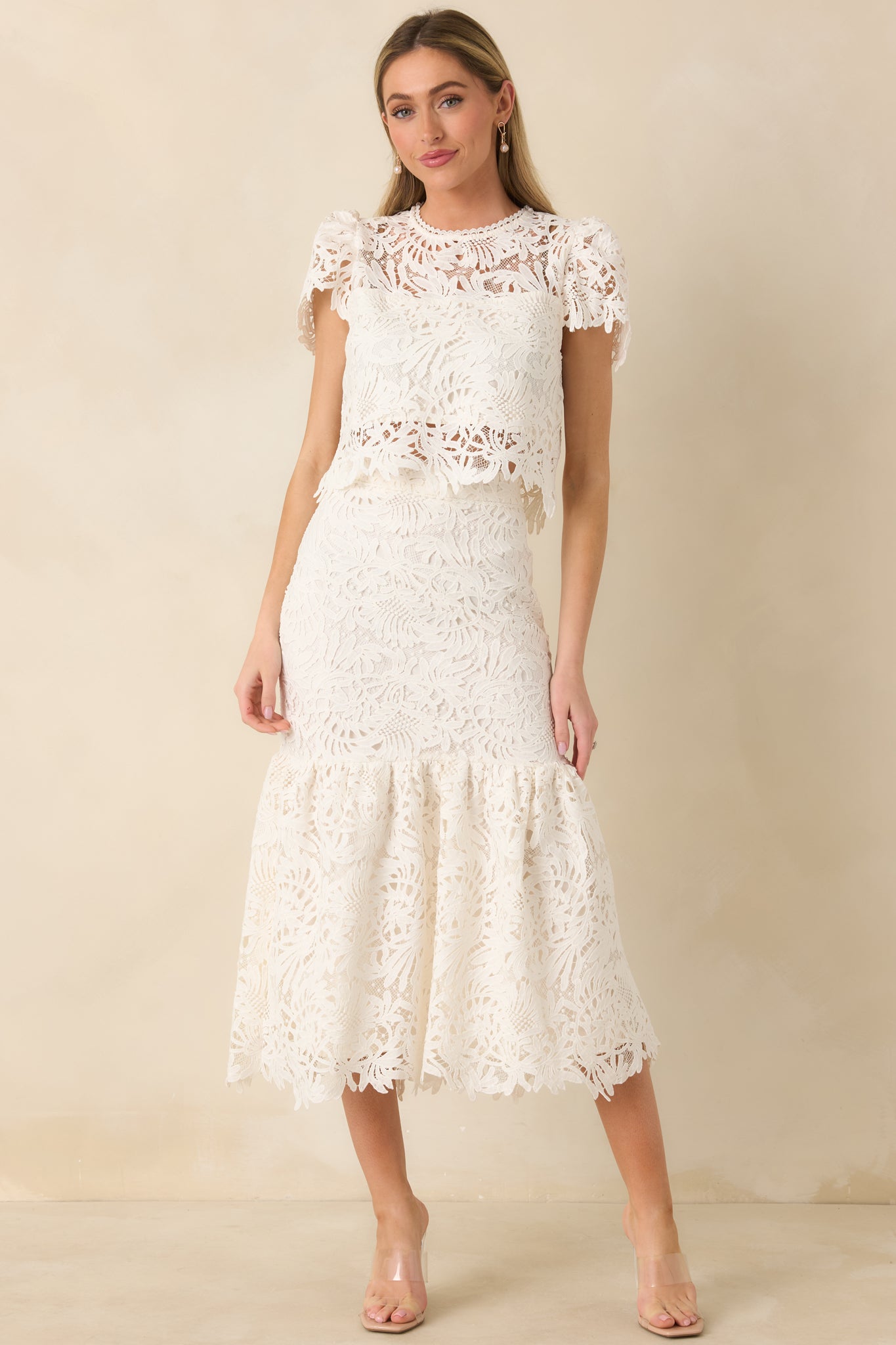 Forever Begins Ivory Floral Lace Midi Skirt