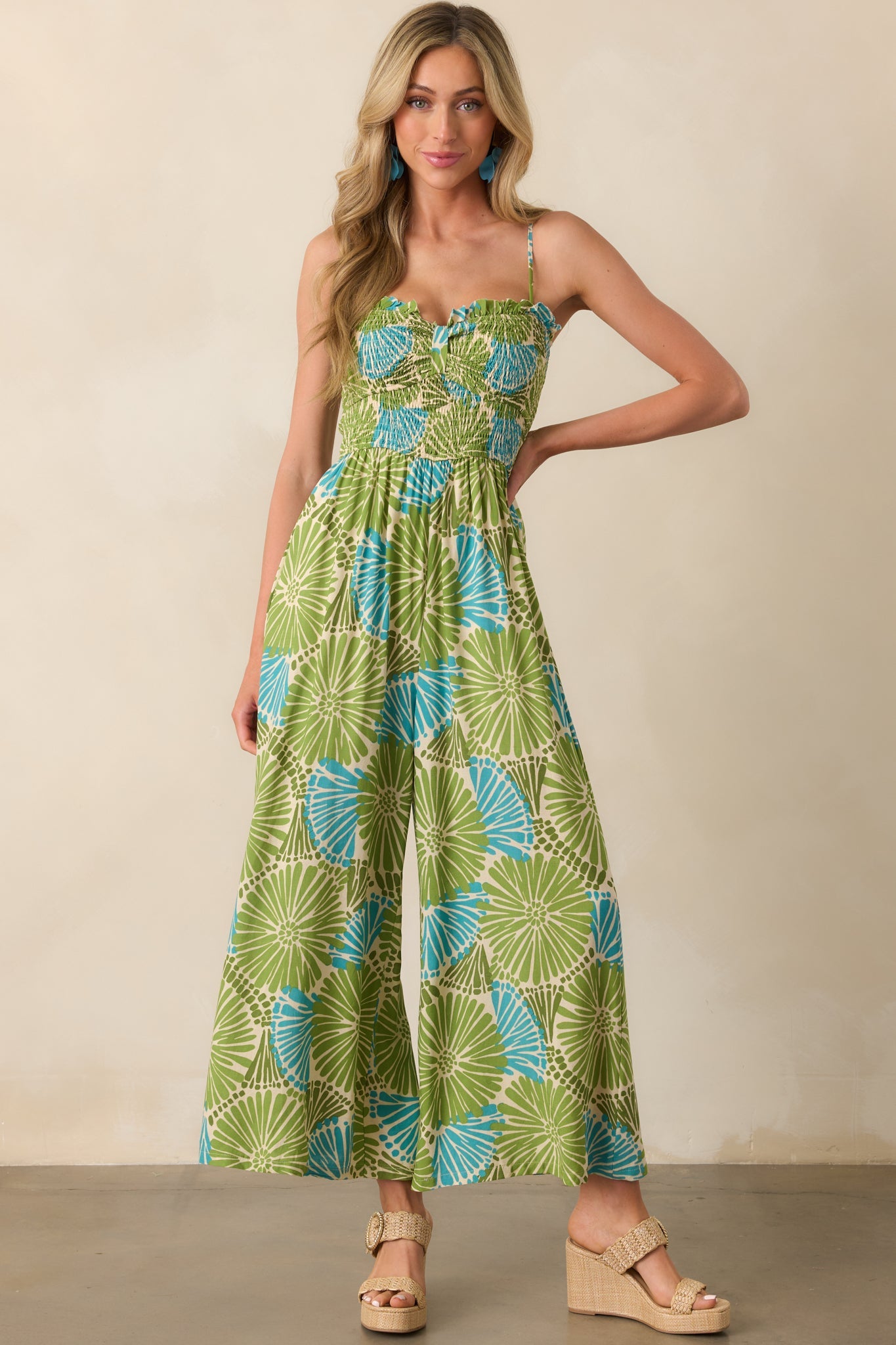 Something Light And Easy Green Floral Linen Blend Jumpsuit