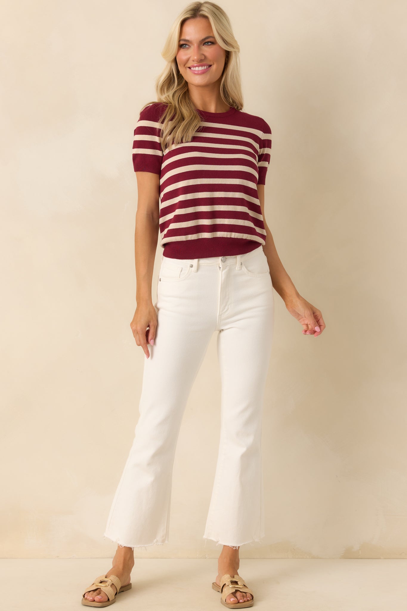 Without A Doubt Burgundy Stripe Short Sleeve Sweater