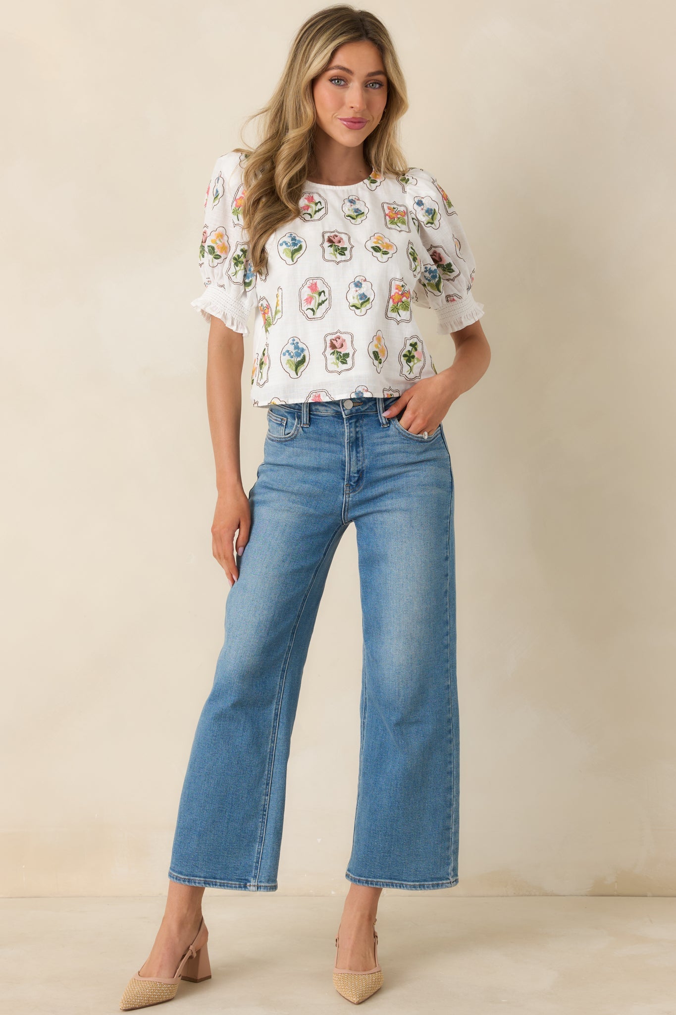 Pressed Flowers & Porcelain Ivory Multi Cotton Embroidered Floral Top