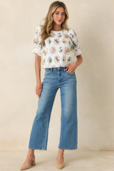 Pressed Flowers & Porcelain Ivory Multi Cotton Embroidered Floral Top