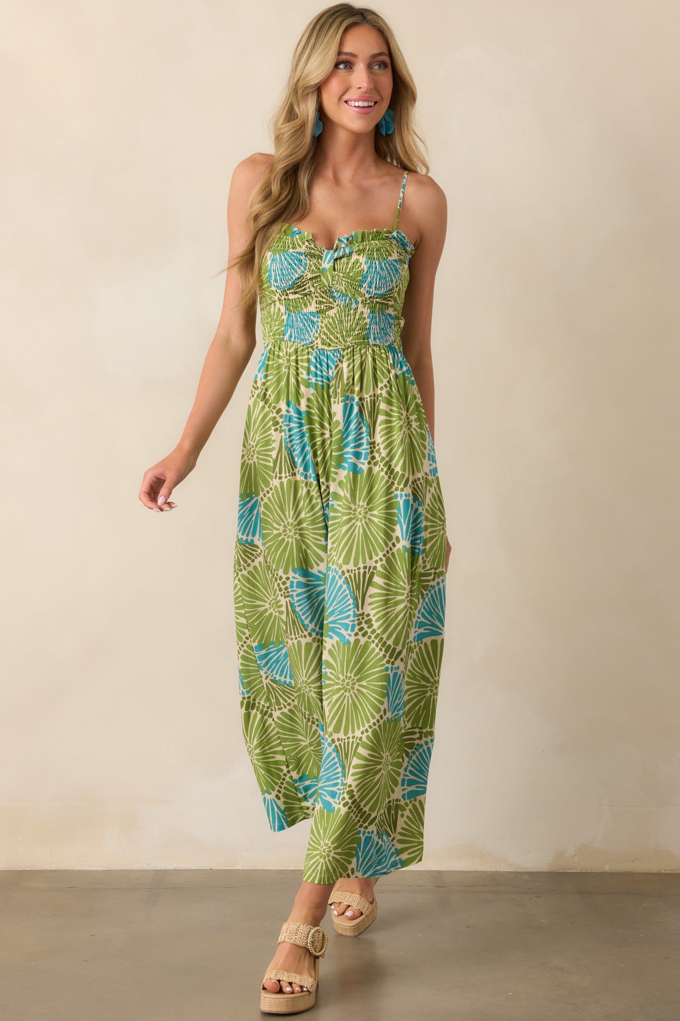 Something Light And Easy Green Floral Linen Blend Jumpsuit