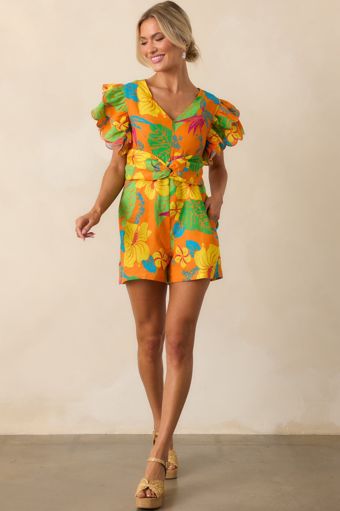 Palm Tree Shadows Orange Tropical Print Linen Romper