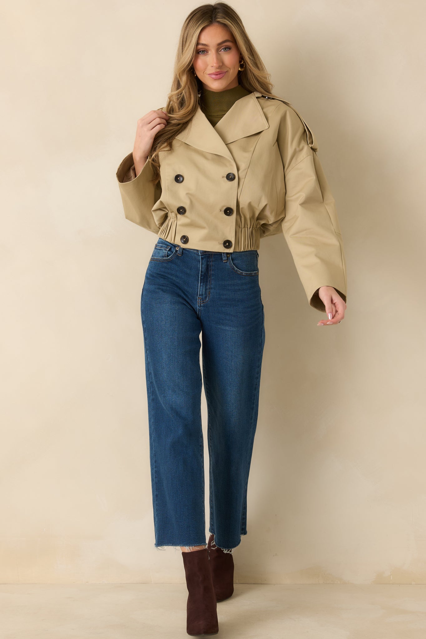 Modern Forecast Beige Cotton Double Breasted Cropped Trench Jacket