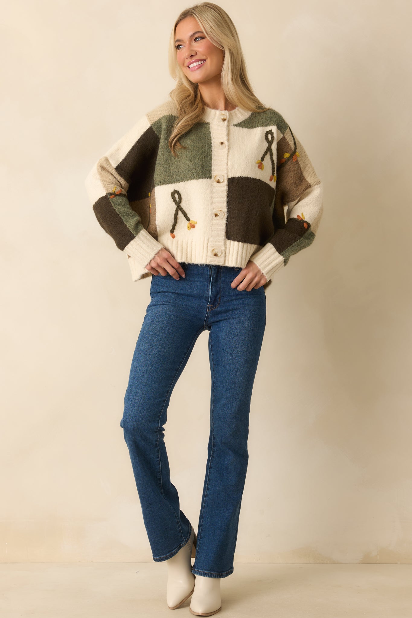 I'll Be Right Here Ivory Multi Floral Embroidered Button Front Cardigan