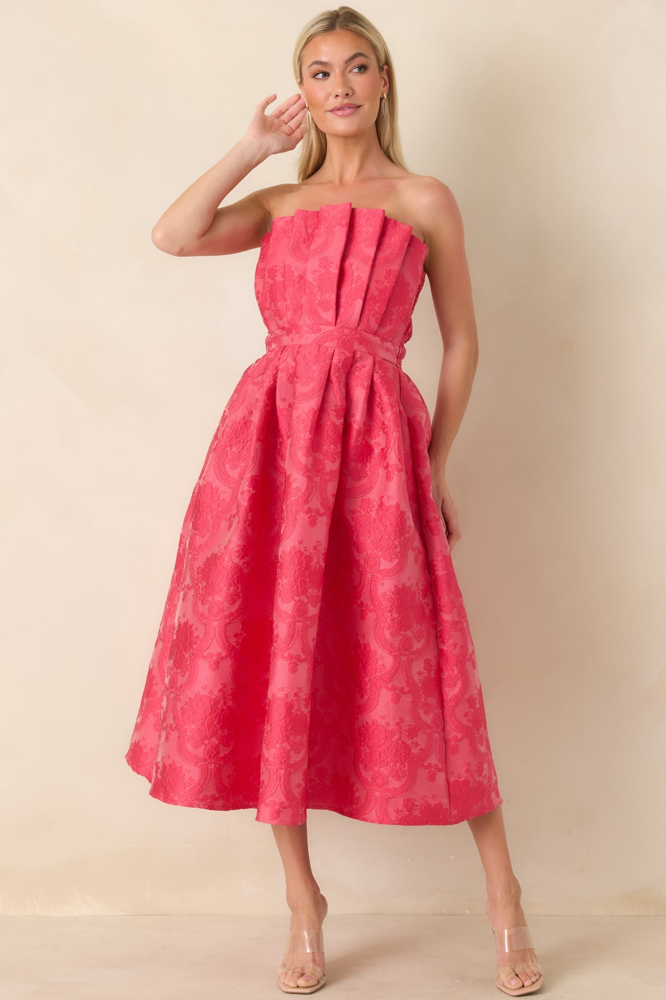 The Genevieve Hot Pink Jacquard Strapless Midi Dress
