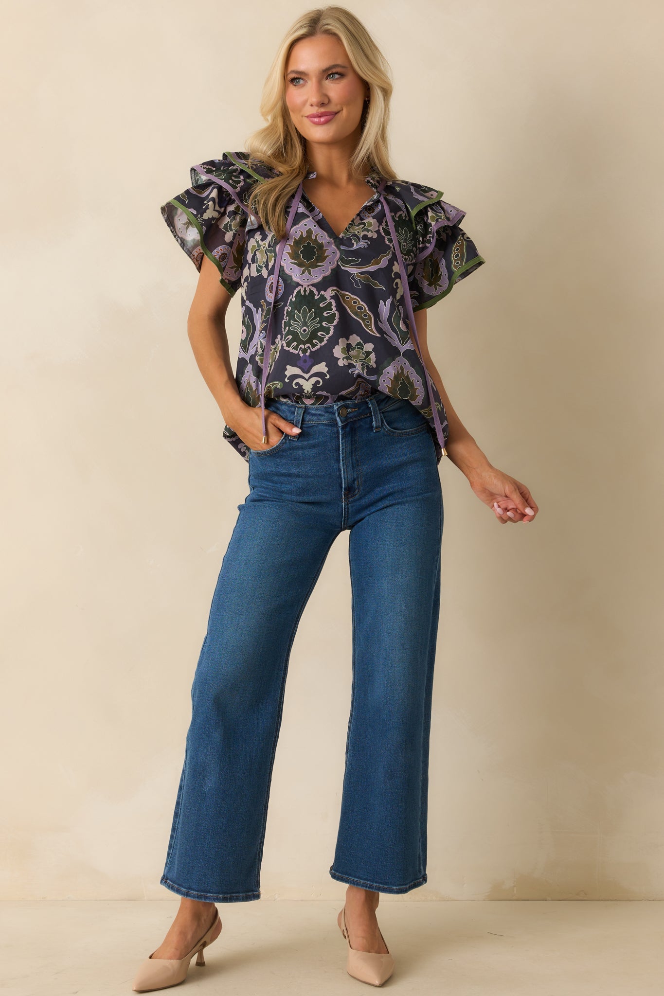 The Rest Is Certain Navy Multi Print Cotton Ruffle Sleeve Blouse