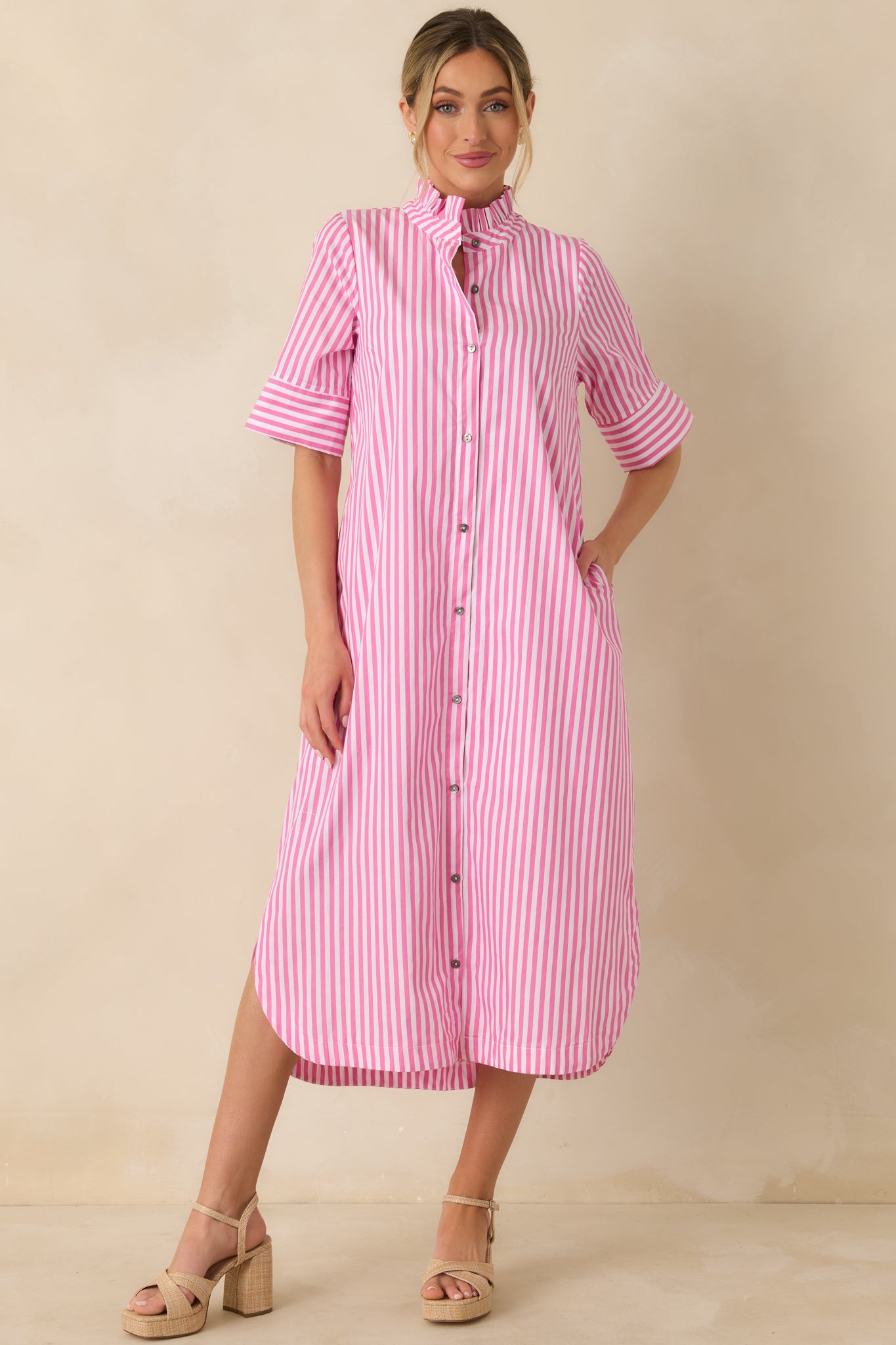 In Perfect Order Pink Stripe Button Front Ruffle Collar Midi Shirt Dress
