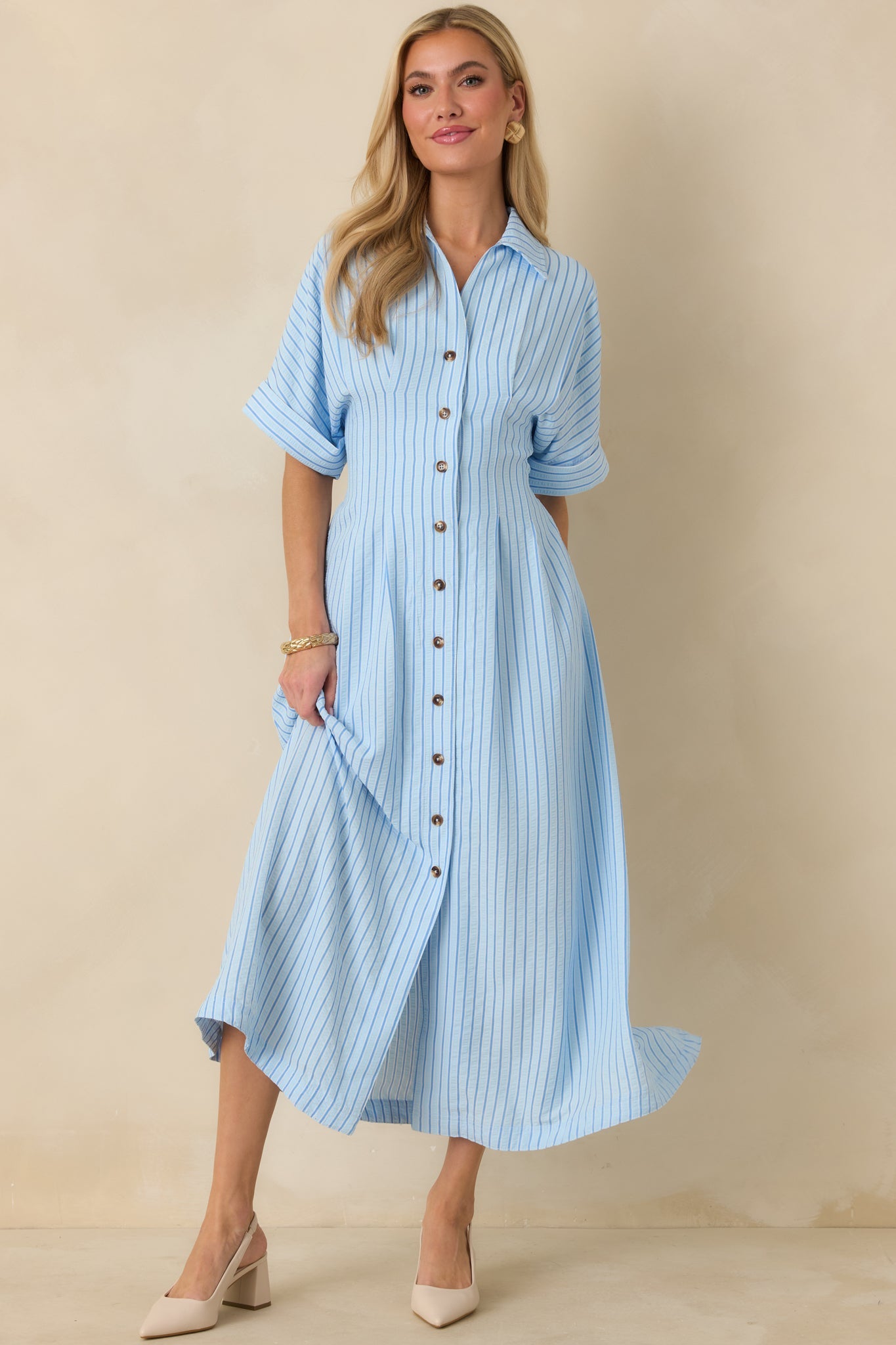 Wherever I Go Light Blue Stripe Smocked Waist Maxi Shirt Dress