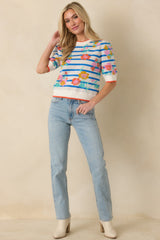 Flower Market Morning Blue Multi Floral Stripe Short Sleeve Sweater