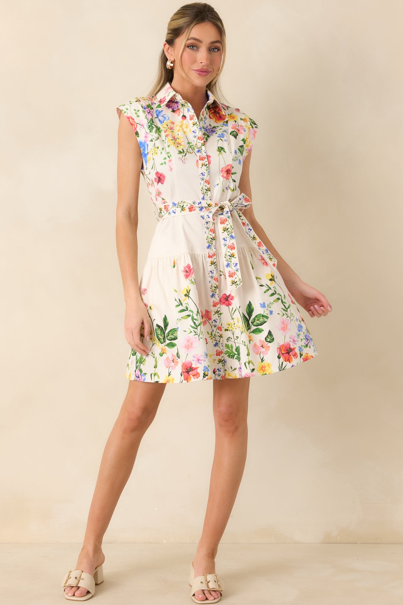 What Lies Ahead White Multi Cotton Floral Tie Belt Mini Dress