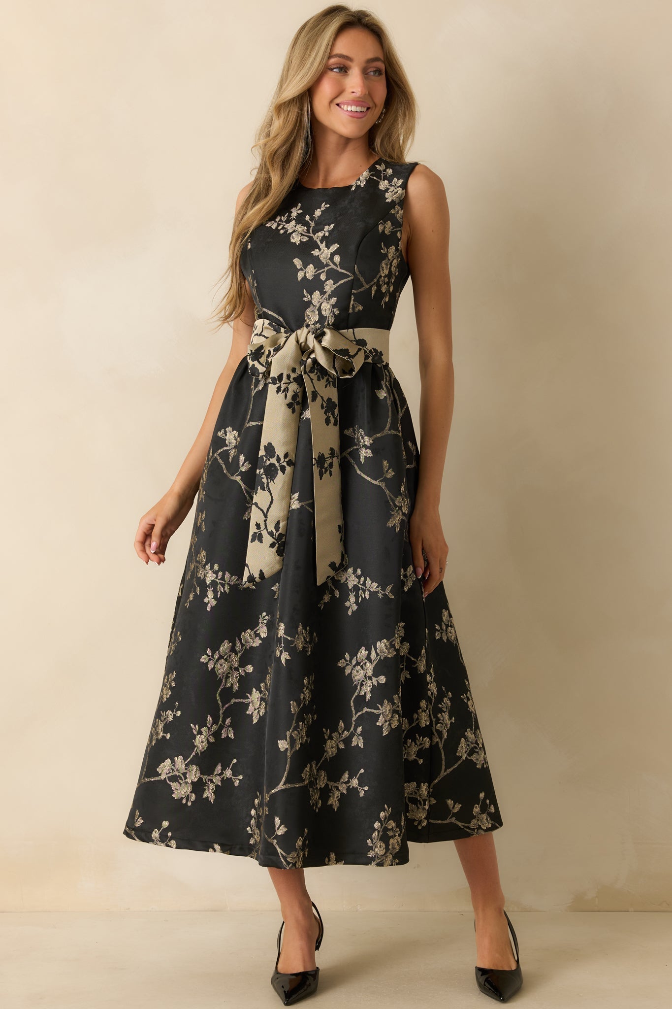 The Way She Blooms Black Floral Jacquard Bow Belt Maxi Dress