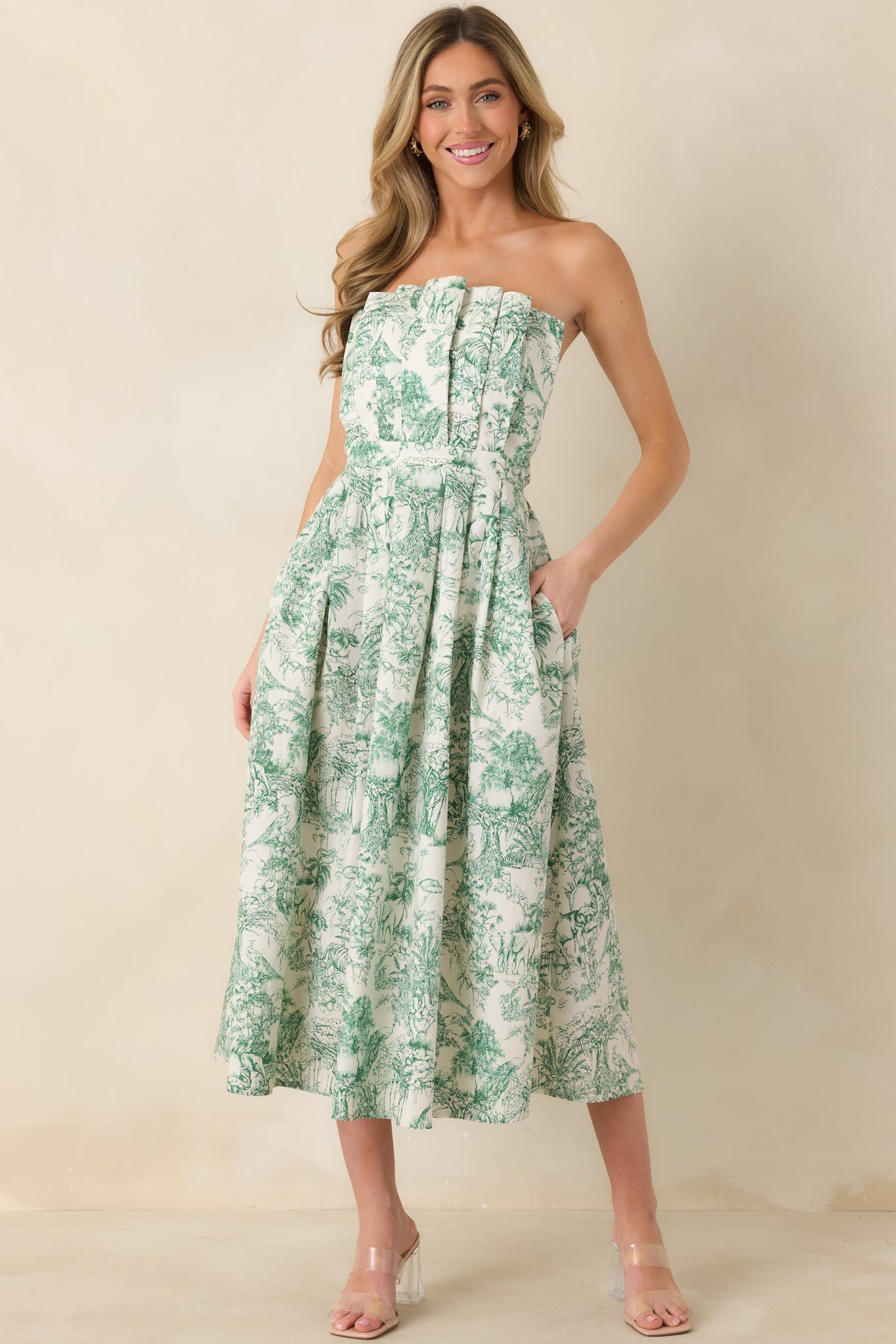 The Genevieve 100% Cotton Green Toile Strapless Midi Dress