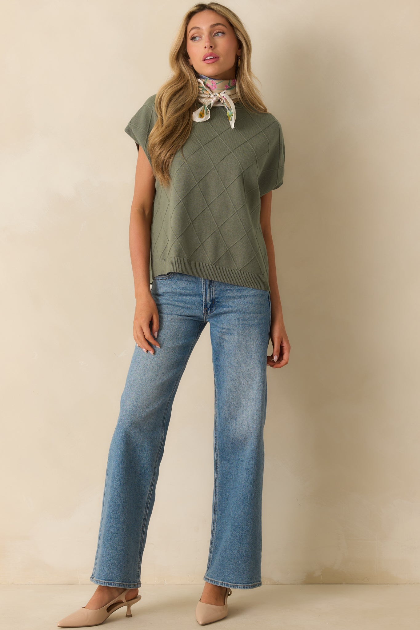 The Clear Choice Olive Green Short Sleeve Argyle Stitch Sweater