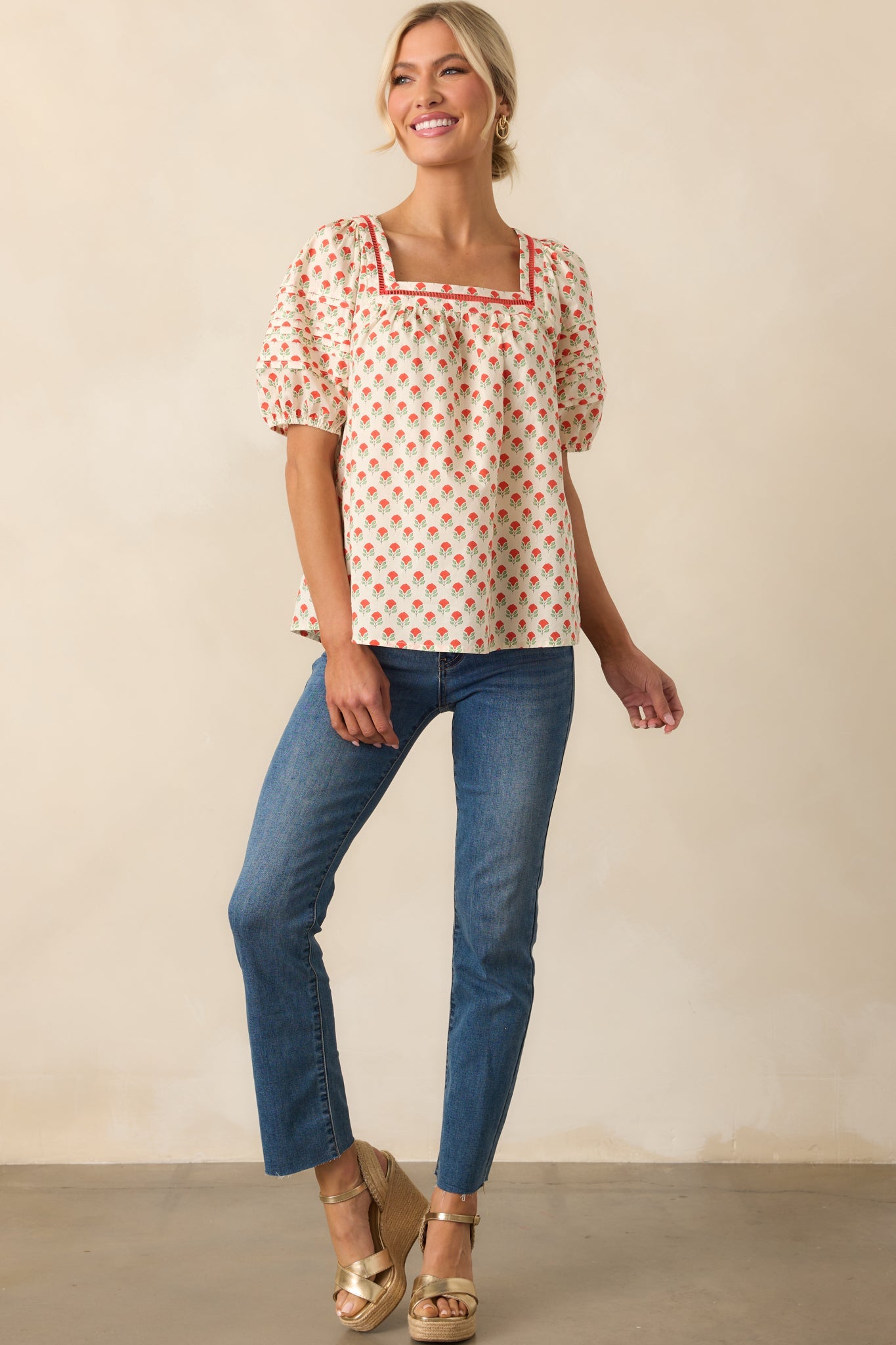 Right Where You Are Red Floral Cotton Puff Sleeve Top