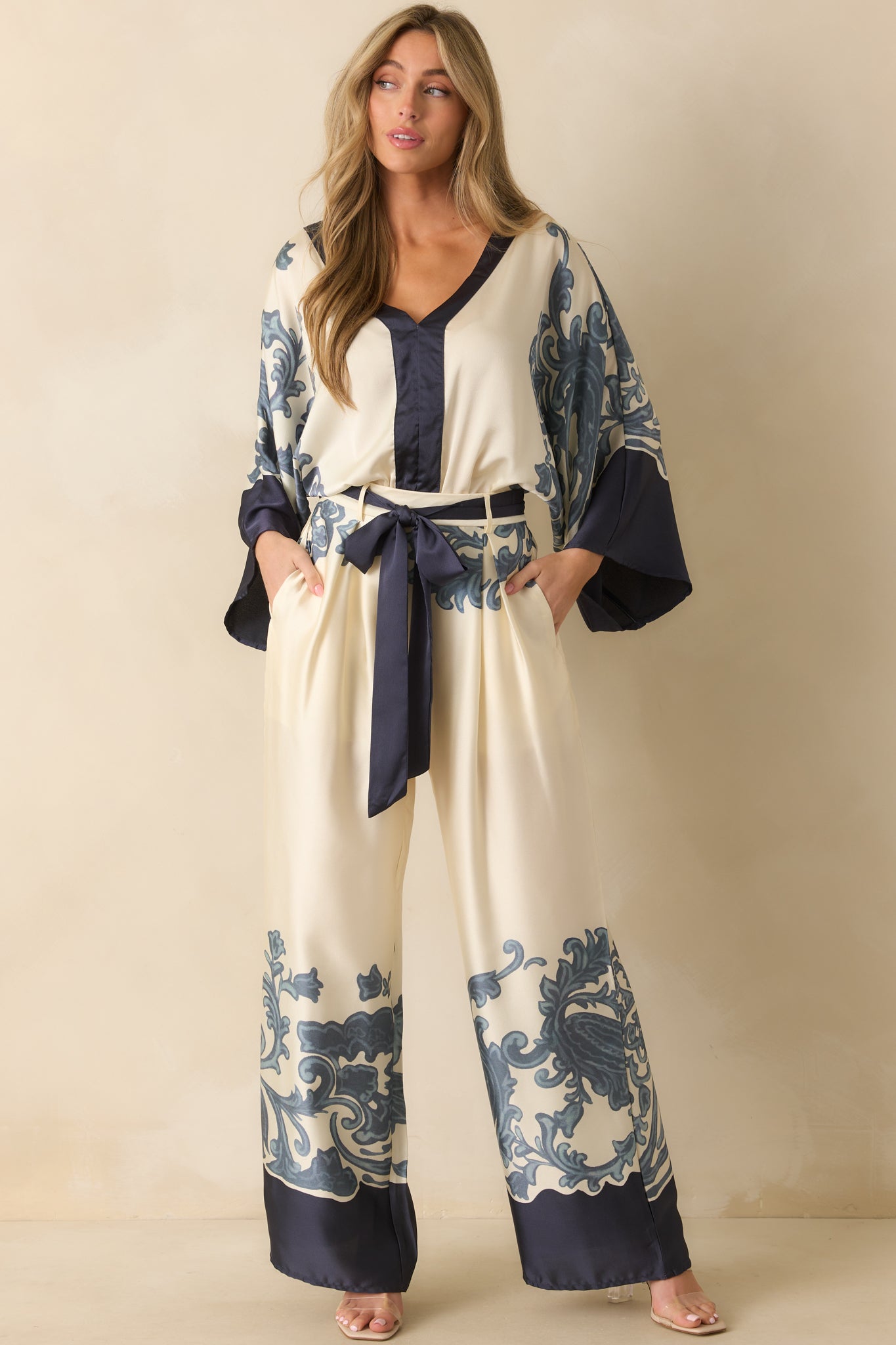 The Whole Picture Navy Multi Print Belted Wide Leg Pants