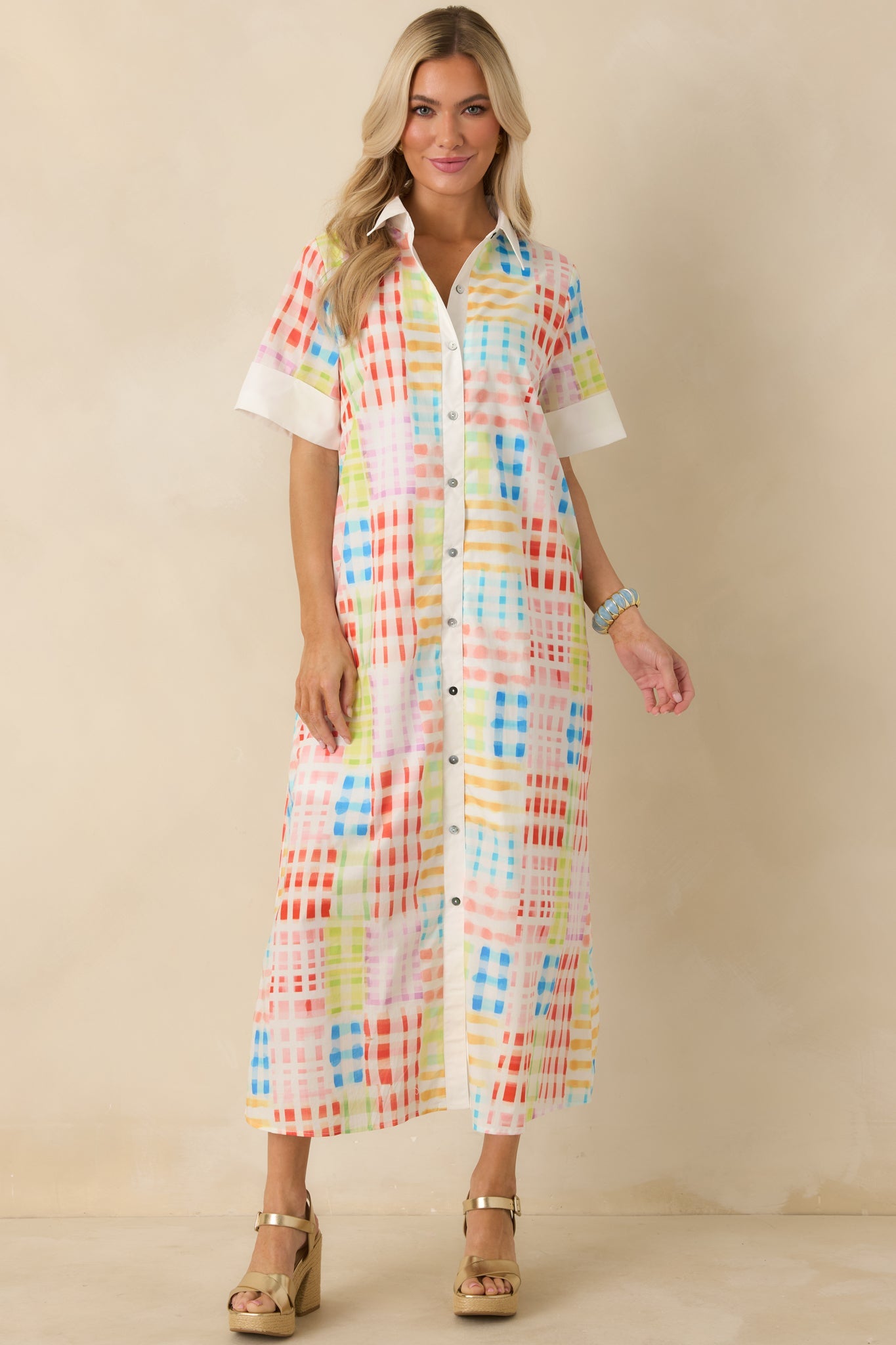 Fresh Palette Multi Color Cotton Check Button Front Maxi Shirt Dress