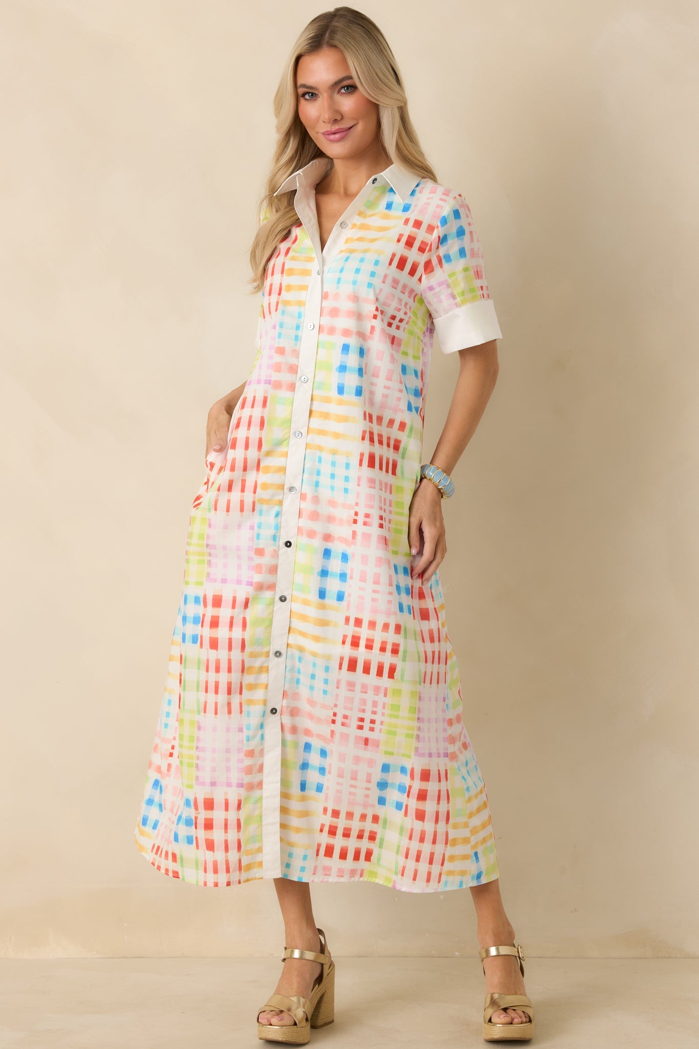 Fresh Palette Multi Color Cotton Check Button Front Maxi Shirt Dress