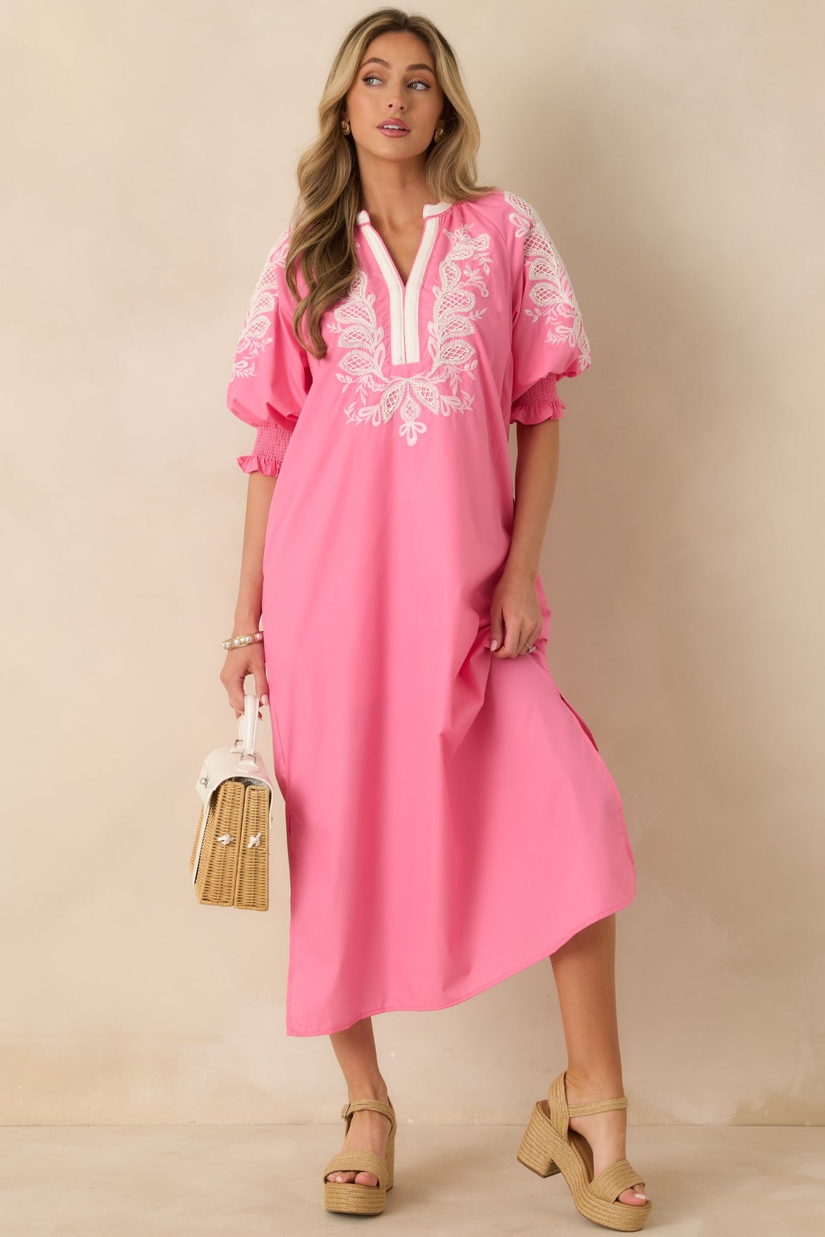 When It Feels Right Pink Embroidered V-Neck Maxi Dress