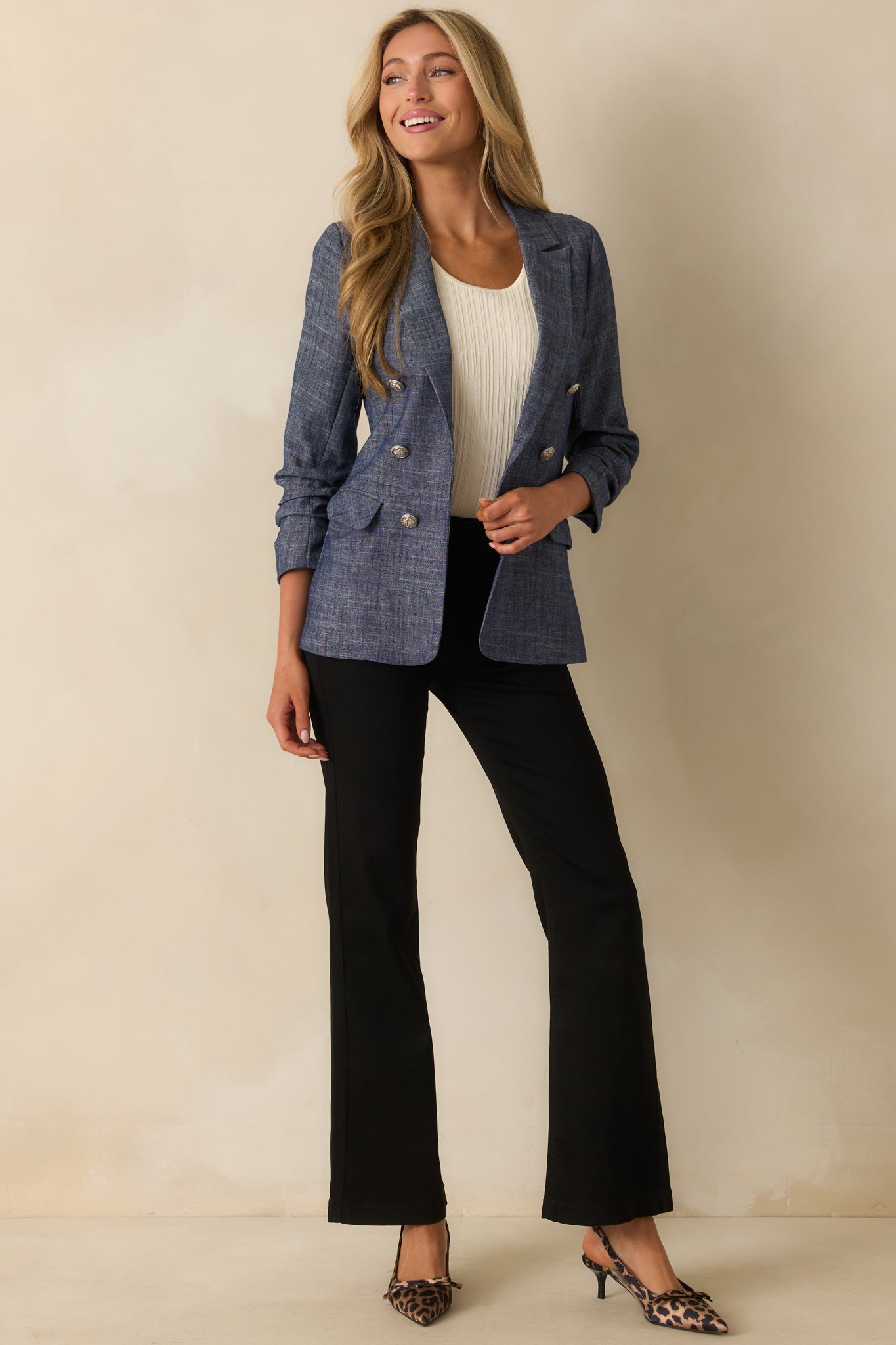 Confident Energy Dark Wash Chambray Ruched Sleeve Blazer
