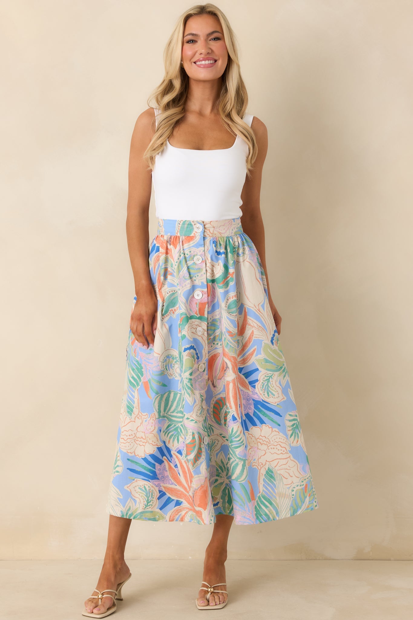 Summer Sketchbook Blue Multi Floral Button-Front Maxi Skirt