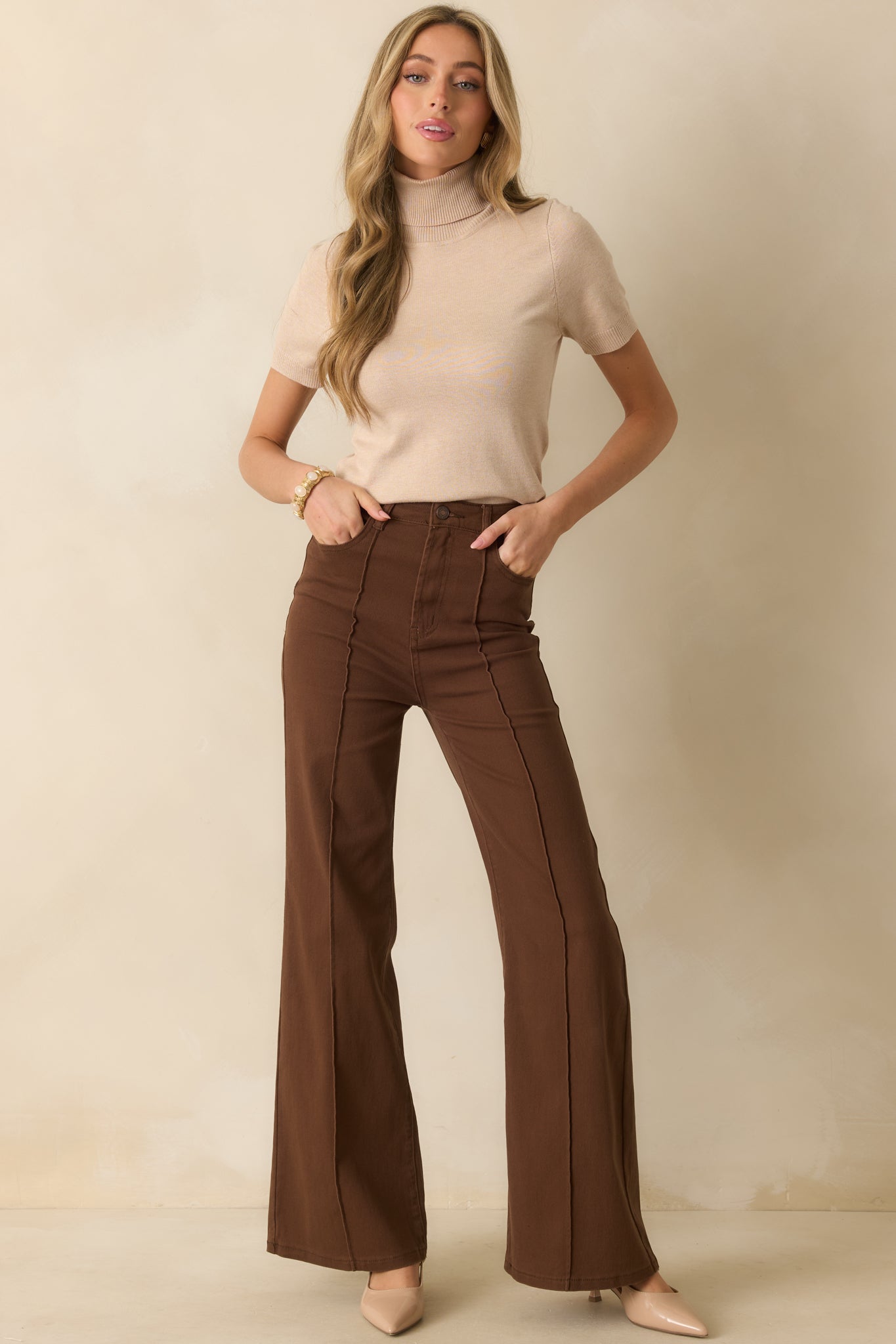 Already Over It Brown Cotton High Waisted Wide Leg Flare Jeans