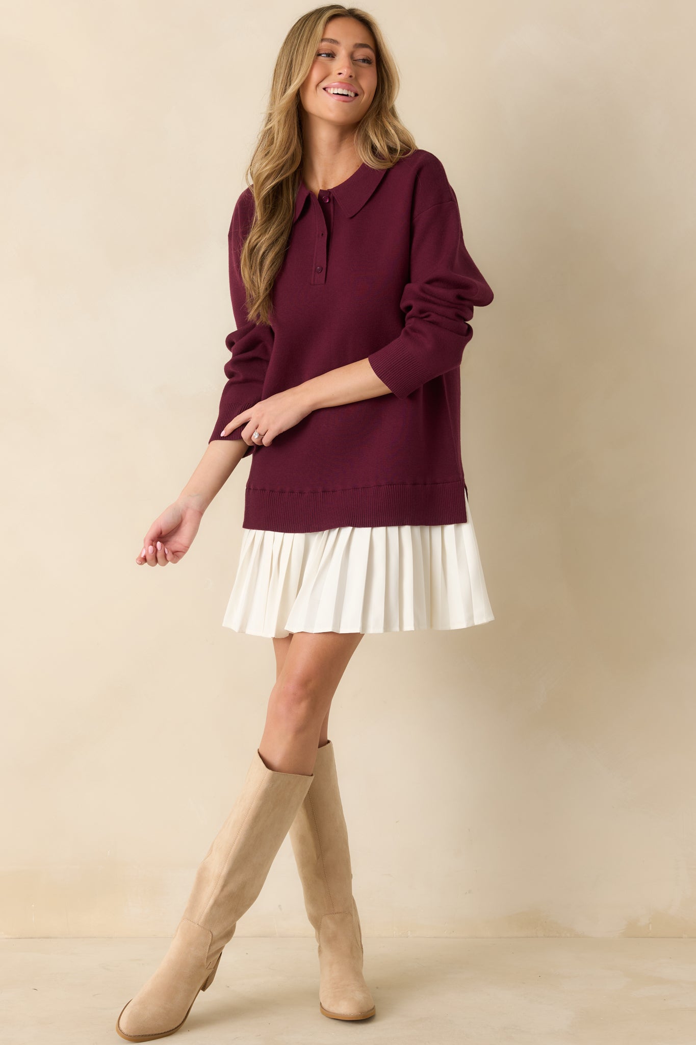 Close To Heart Burgundy Knit Collared Sweater Mini Dress