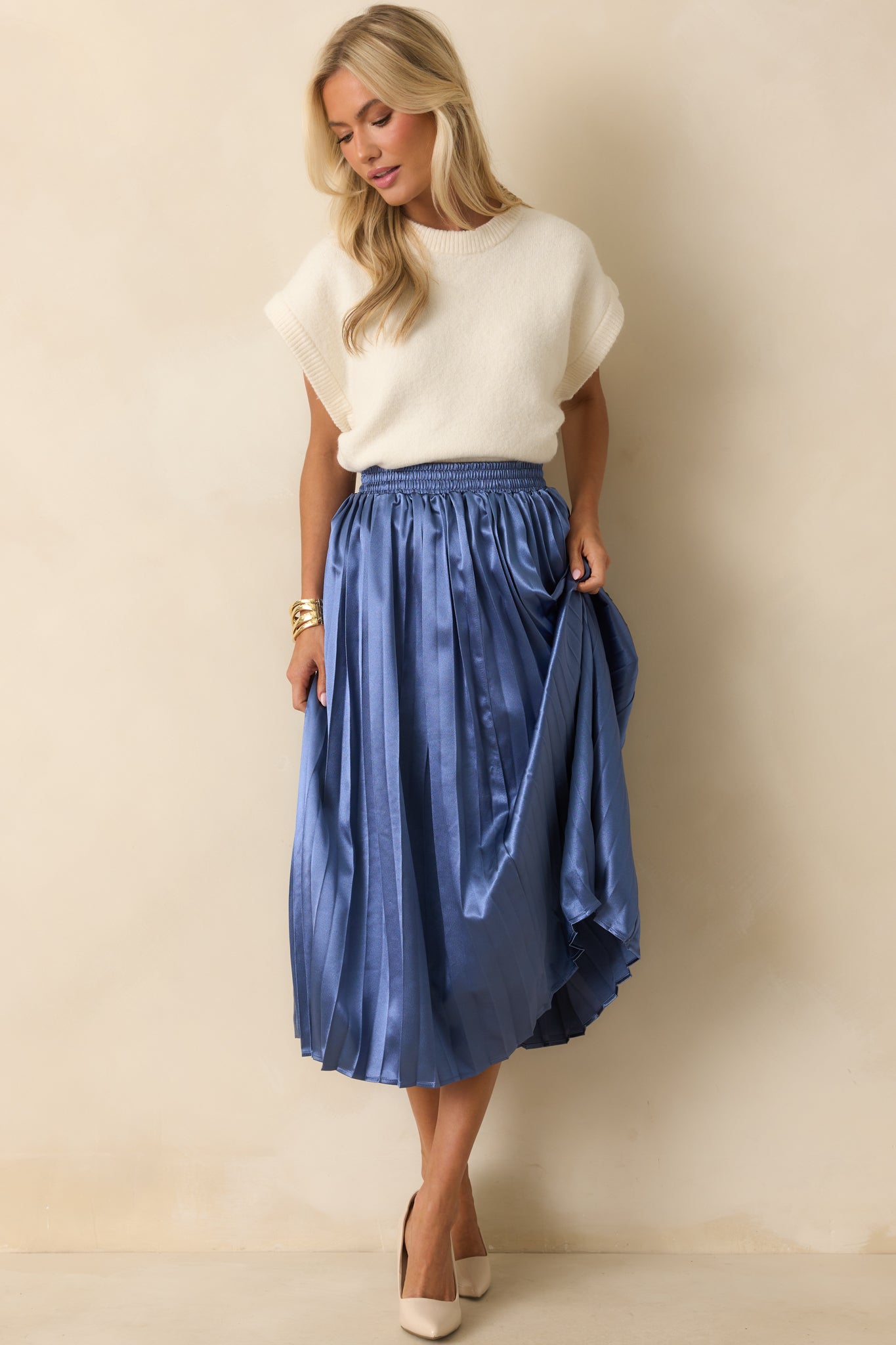 Lost In The Stars Dusty Blue Pleated Midi Skirt