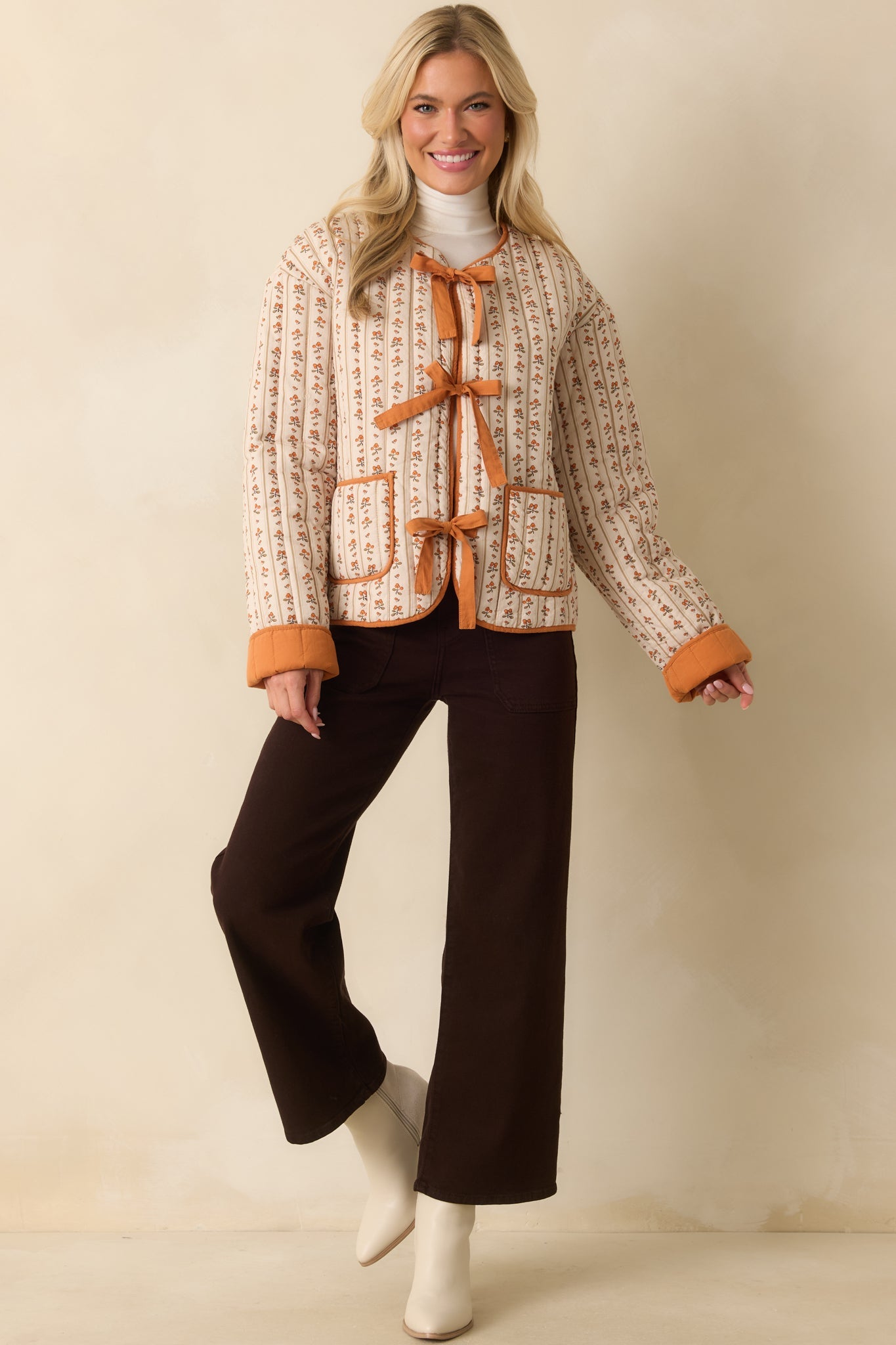 Take No Chances Orange Floral Print Cotton Quilted Bow Front Jacket