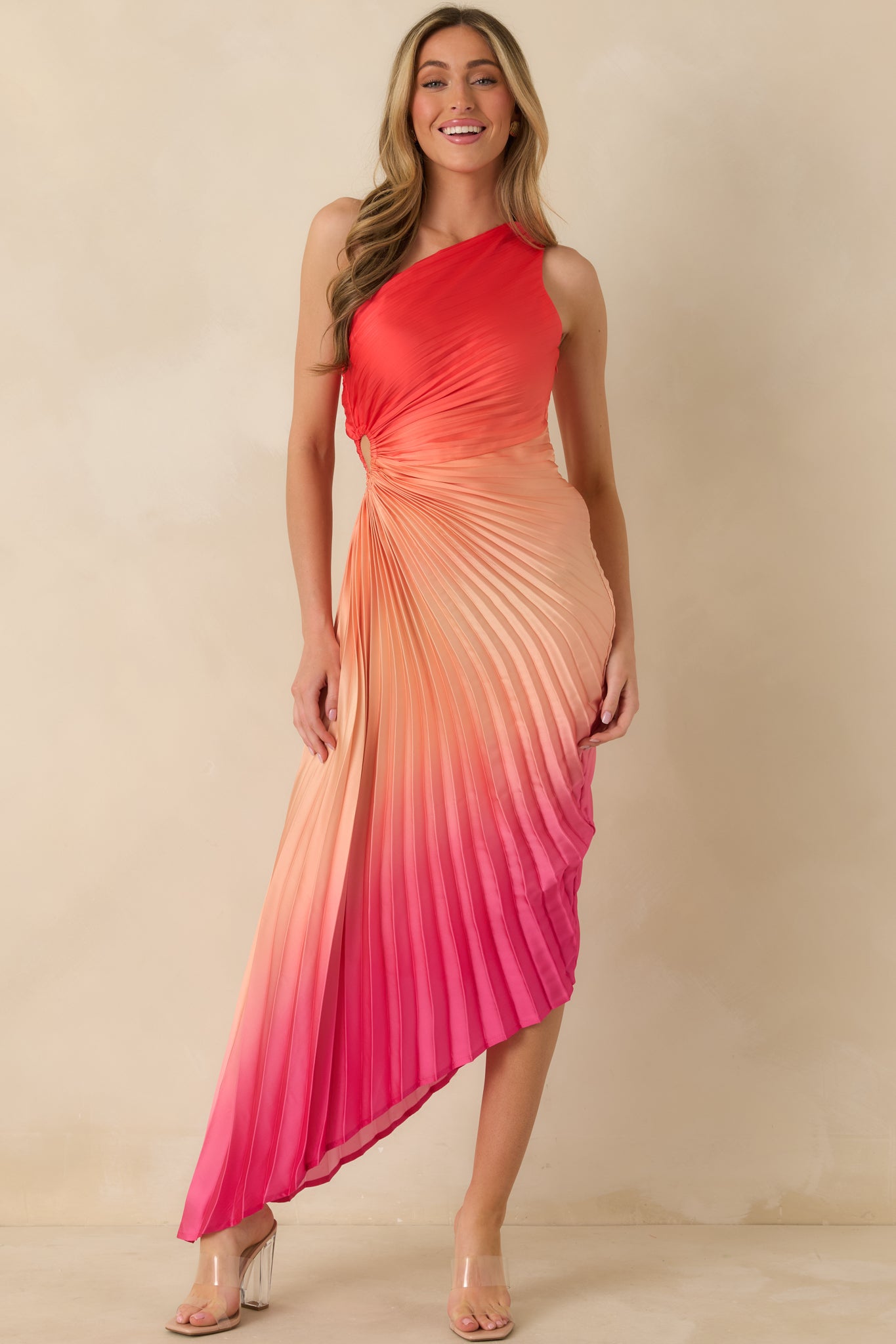Poetic Charm Coral Pink Ombre Asymmetric One Shoulder Maxi Dress