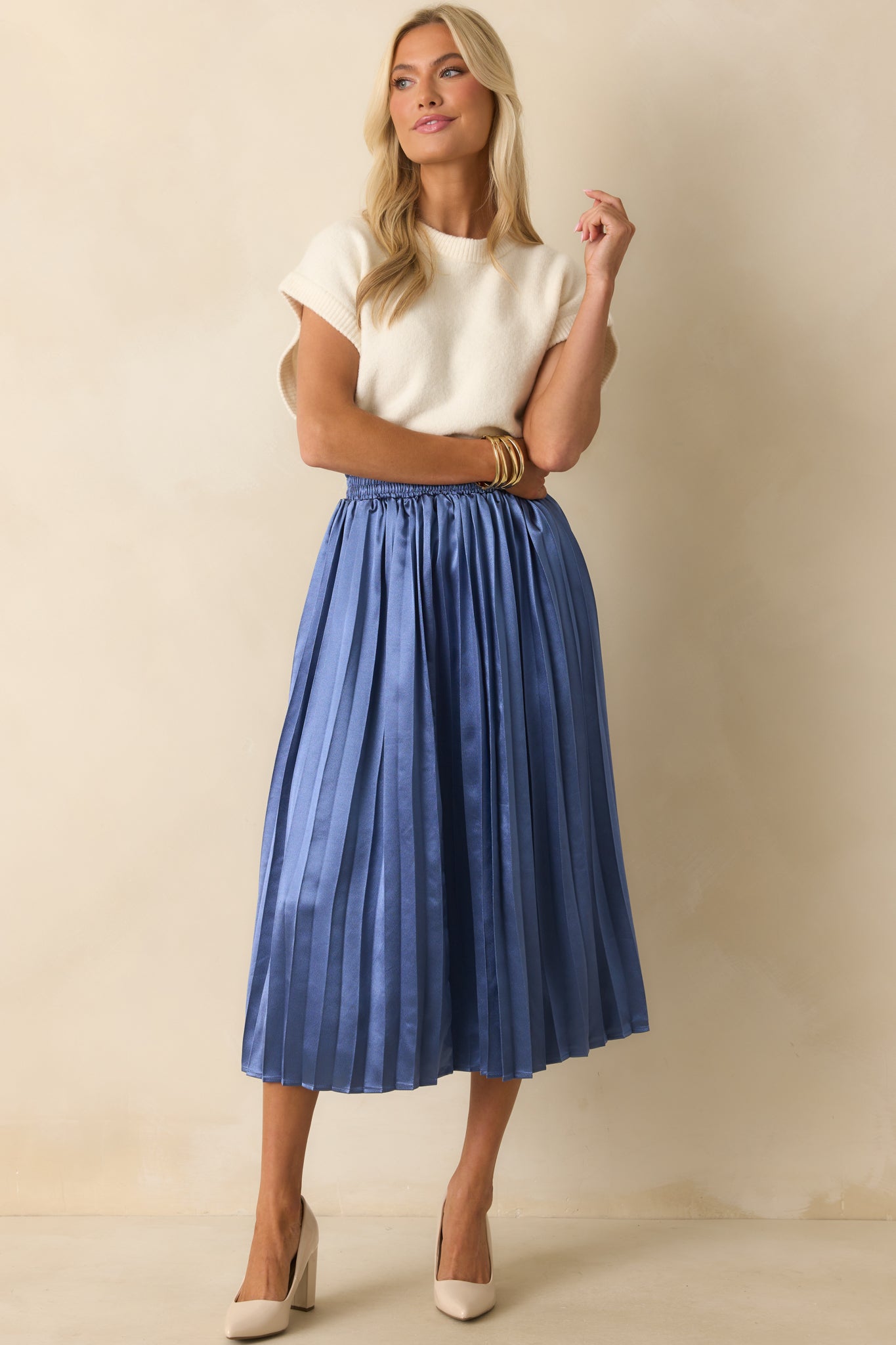 Lost In The Stars Dusty Blue Pleated Midi Skirt