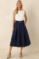 Worth Mentioning Navy Belted Cotton Midi Skirt