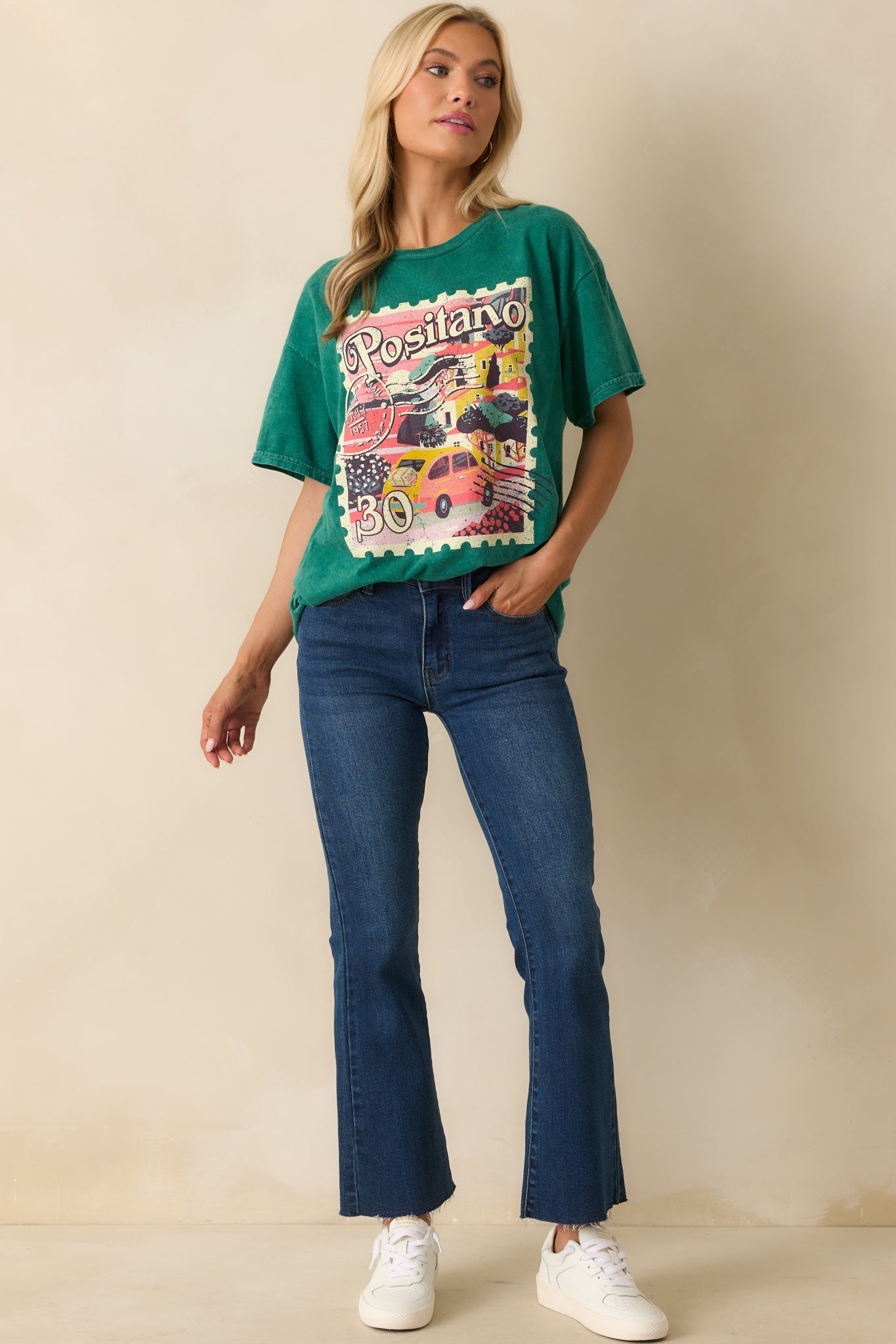 Sending Postcards Acid Wash Green Cotton Stamp Graphic Tee