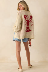Dinner By The Dock Ivory Lobster Motif Open Front Cardigan