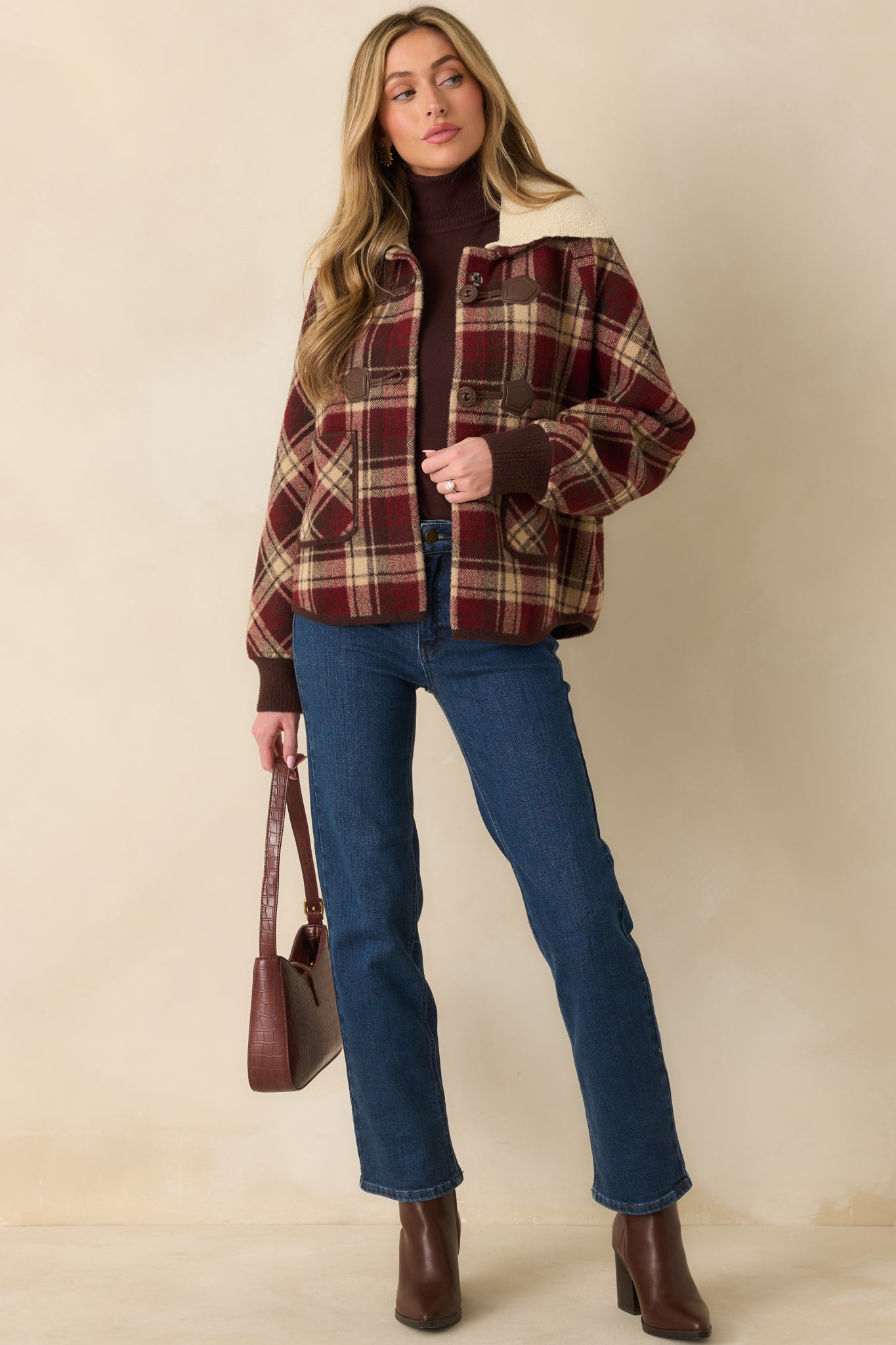 Cabin Check Cranberry Red Plaid Knit Collared Jacket