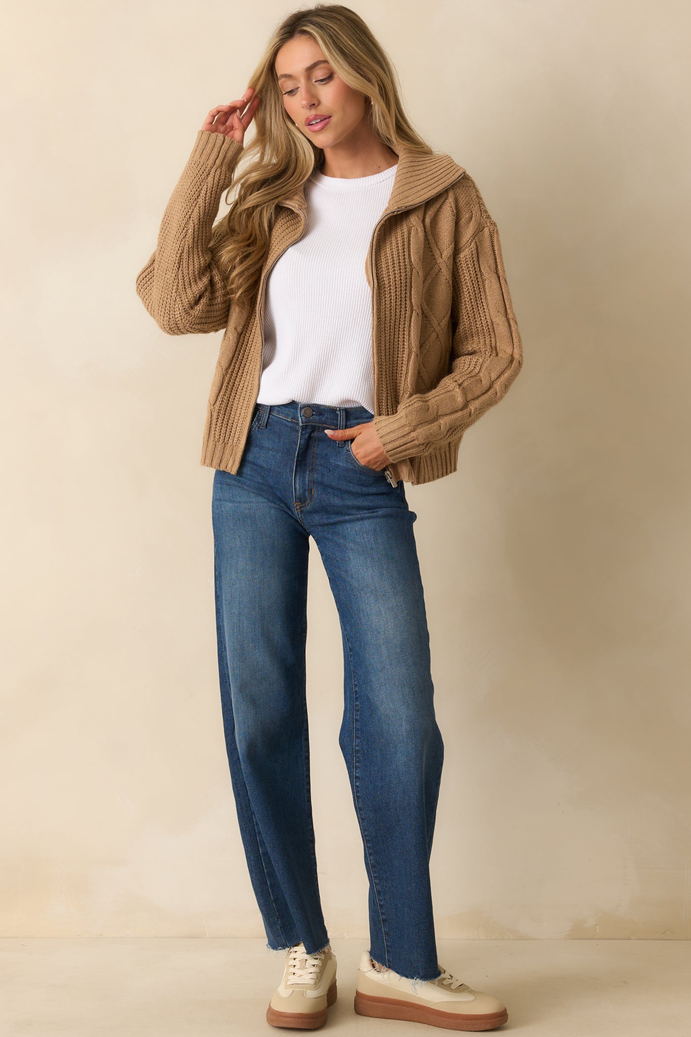Better Believe It Camel Brown Cable Knit Zip Front Sweater Jacket