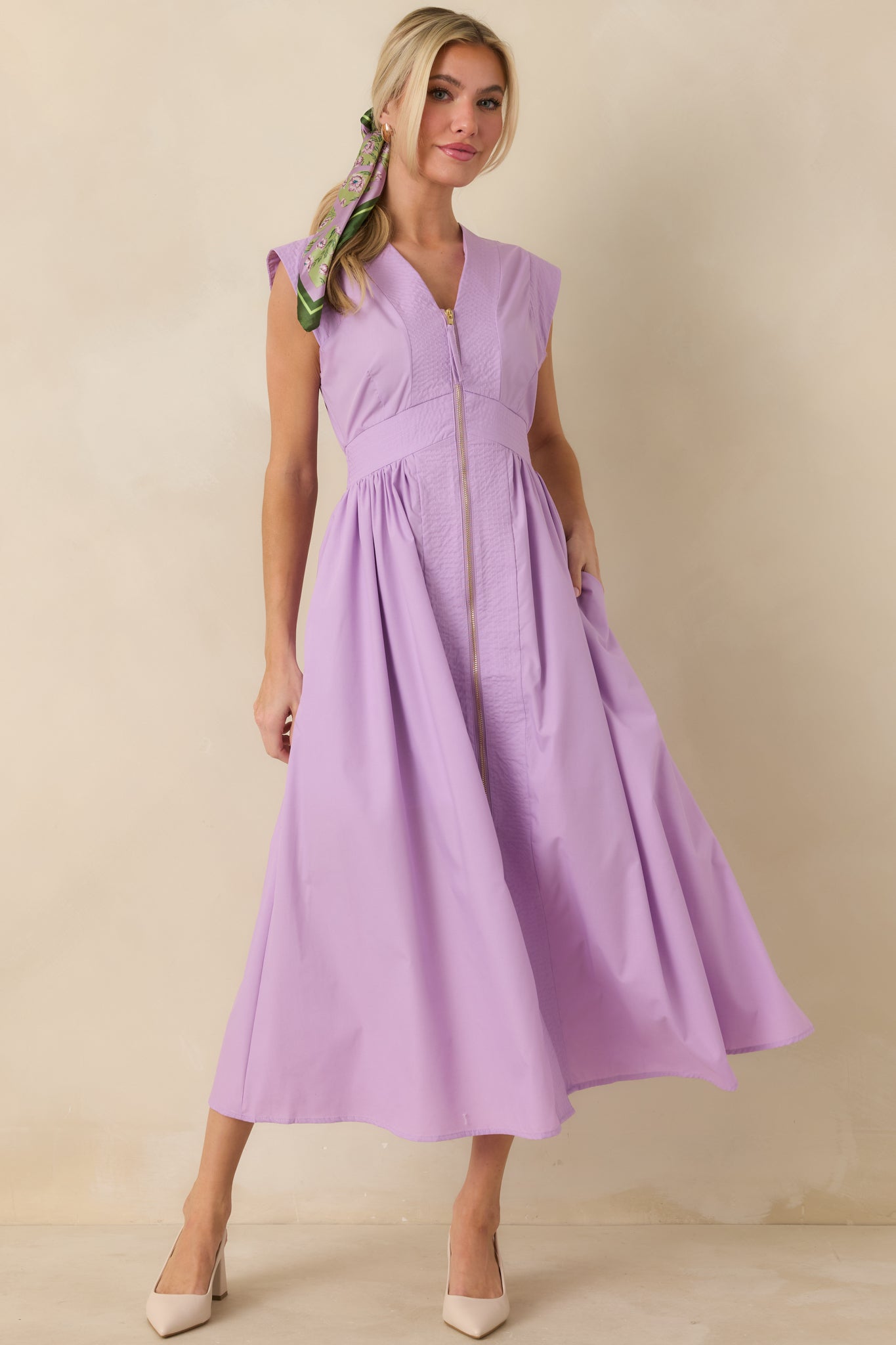 The Adeline Lavender Zip Up Midi Dress