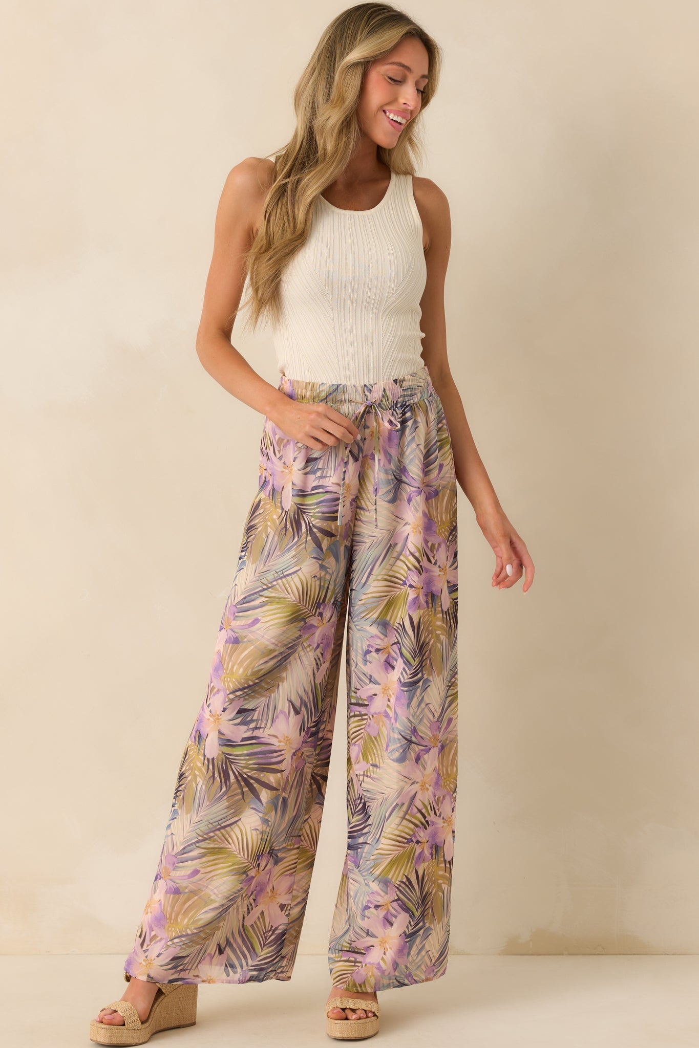 Sunlight All Around Light Pink Tropical Print Wide Leg Pants