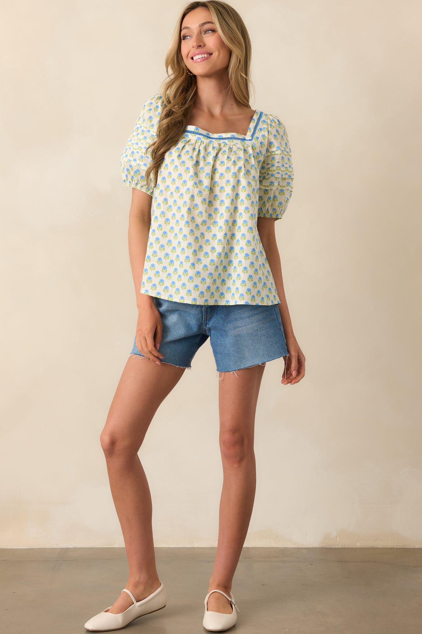 Right Where You Are Blue Floral Cotton Puff Sleeve Top