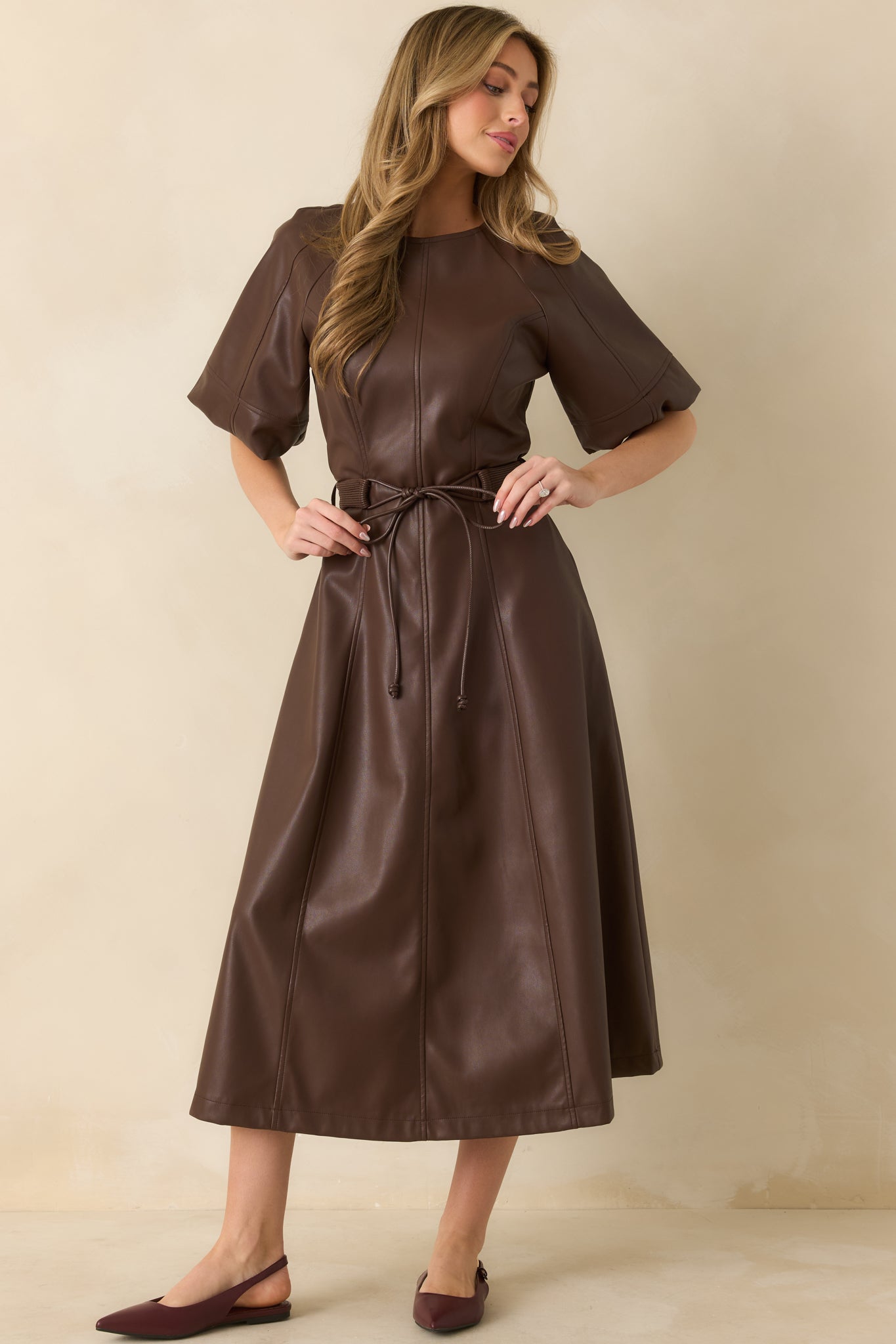 Something to Behold Brown Faux Leather Short Sleeve Belted Midi Dress