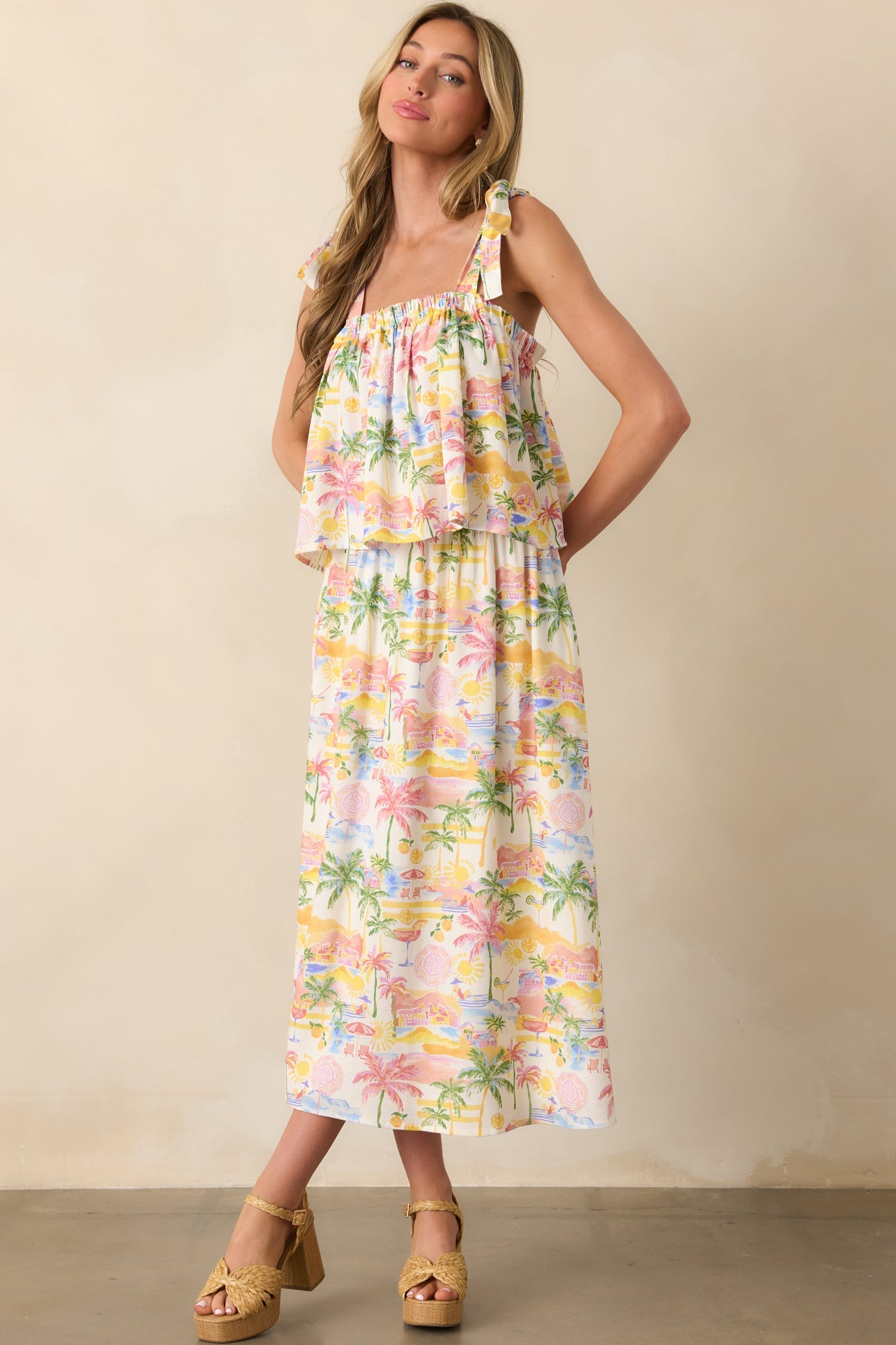 Seaside Bliss Ivory Multi Tropical Print Linen Maxi Skirt