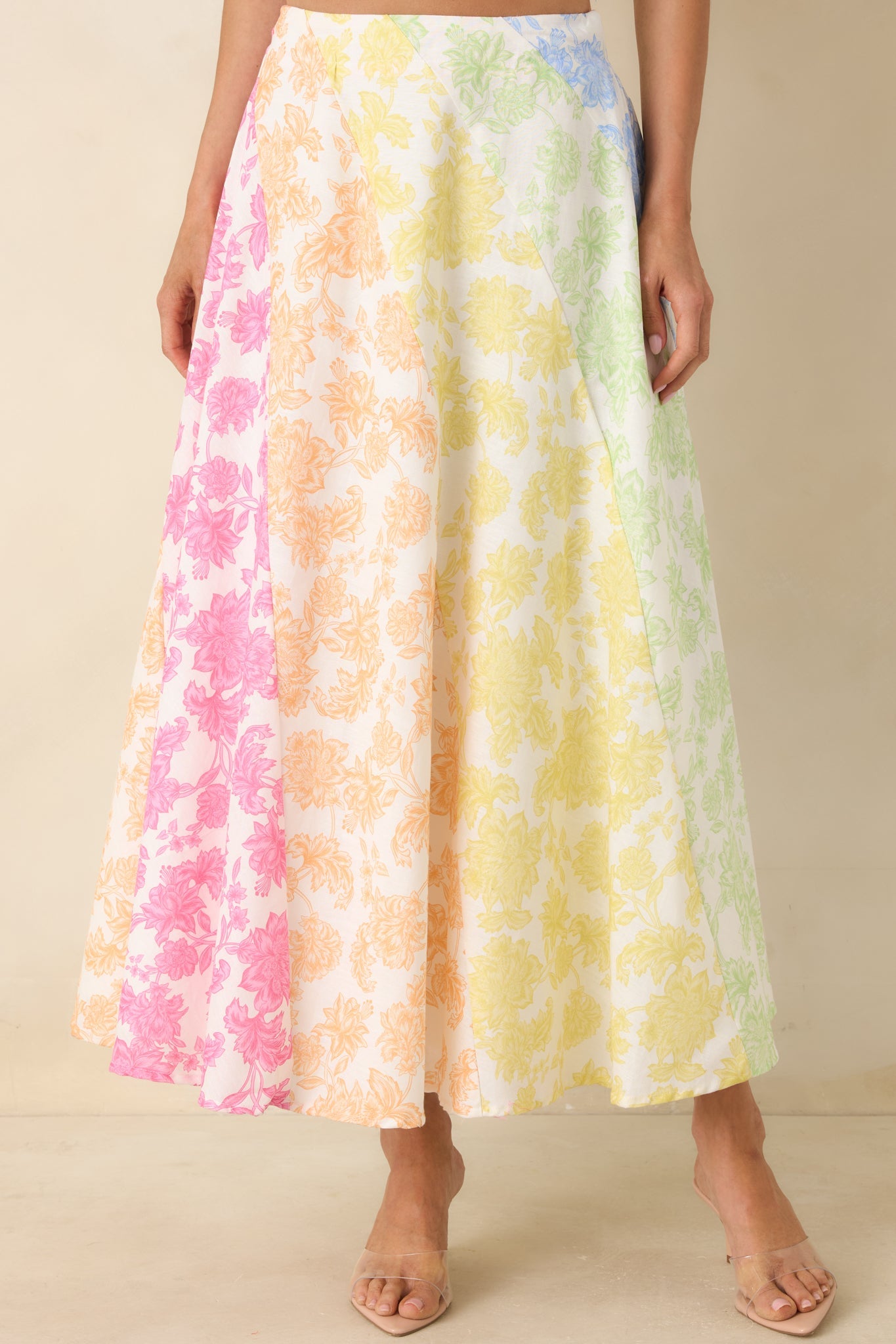 She's a Rainbow Multi Floral Cotton Linen Midi Skirt
