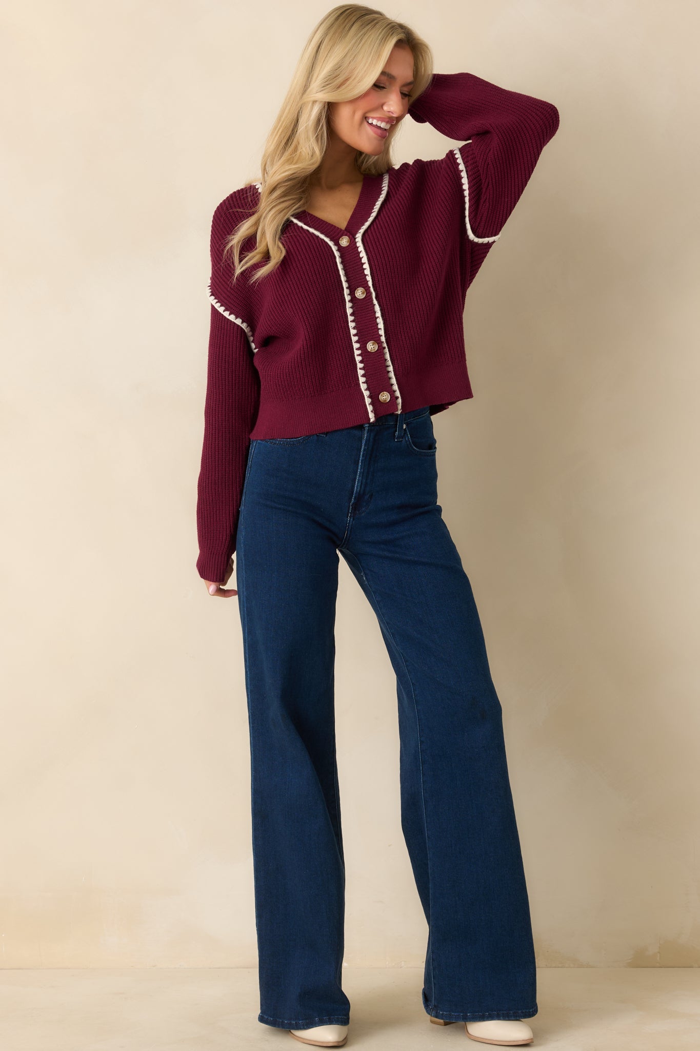 On The Mark Maroon Contrast Trim Knit Button Up Cardigan