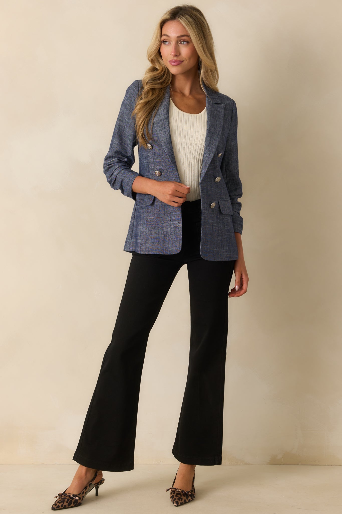Confident Energy Dark Wash Chambray Ruched Sleeve Blazer