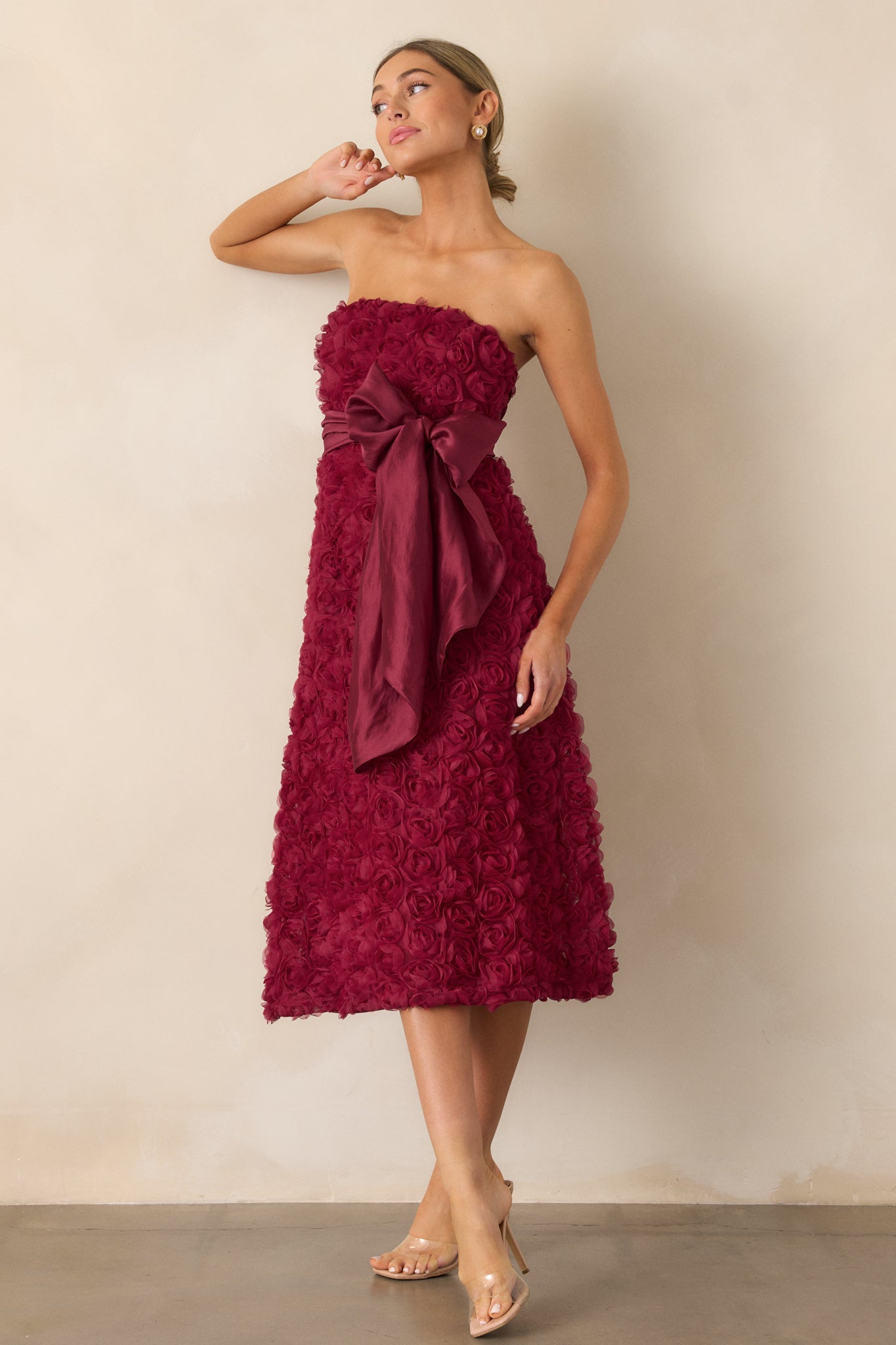Raising The Bar Wine Red Floral Applique Midi Dress