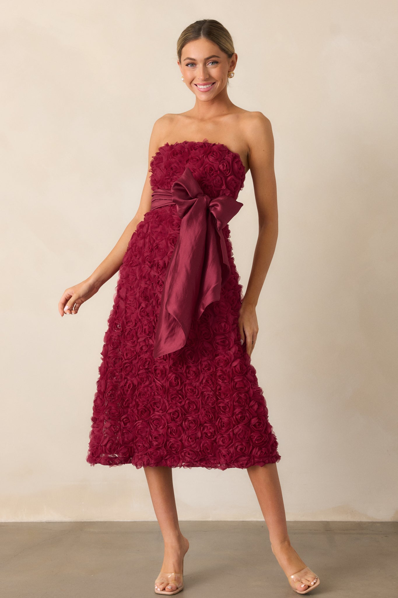 Raising The Bar Wine Red Floral Applique Midi Dress